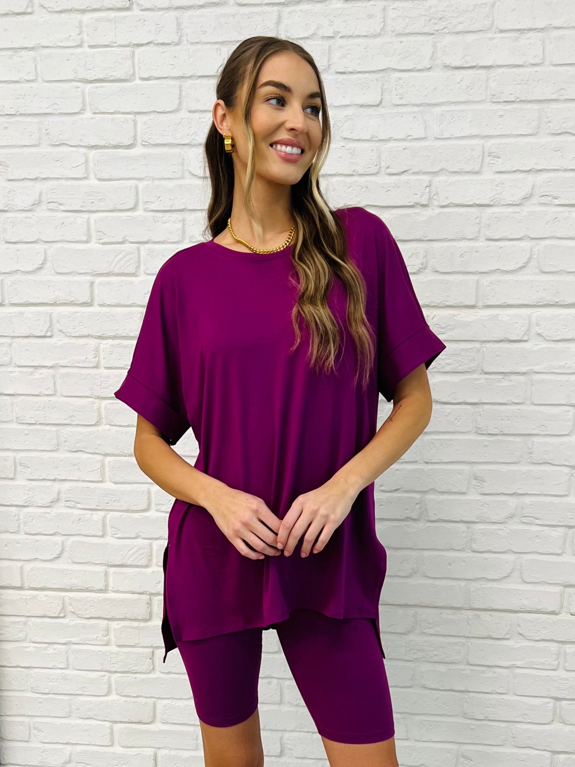 Comfy Cruising Top and Biker Shorts Set in Light Plum - Perfect for Yoga, Gym Workouts & Casual Streetwear