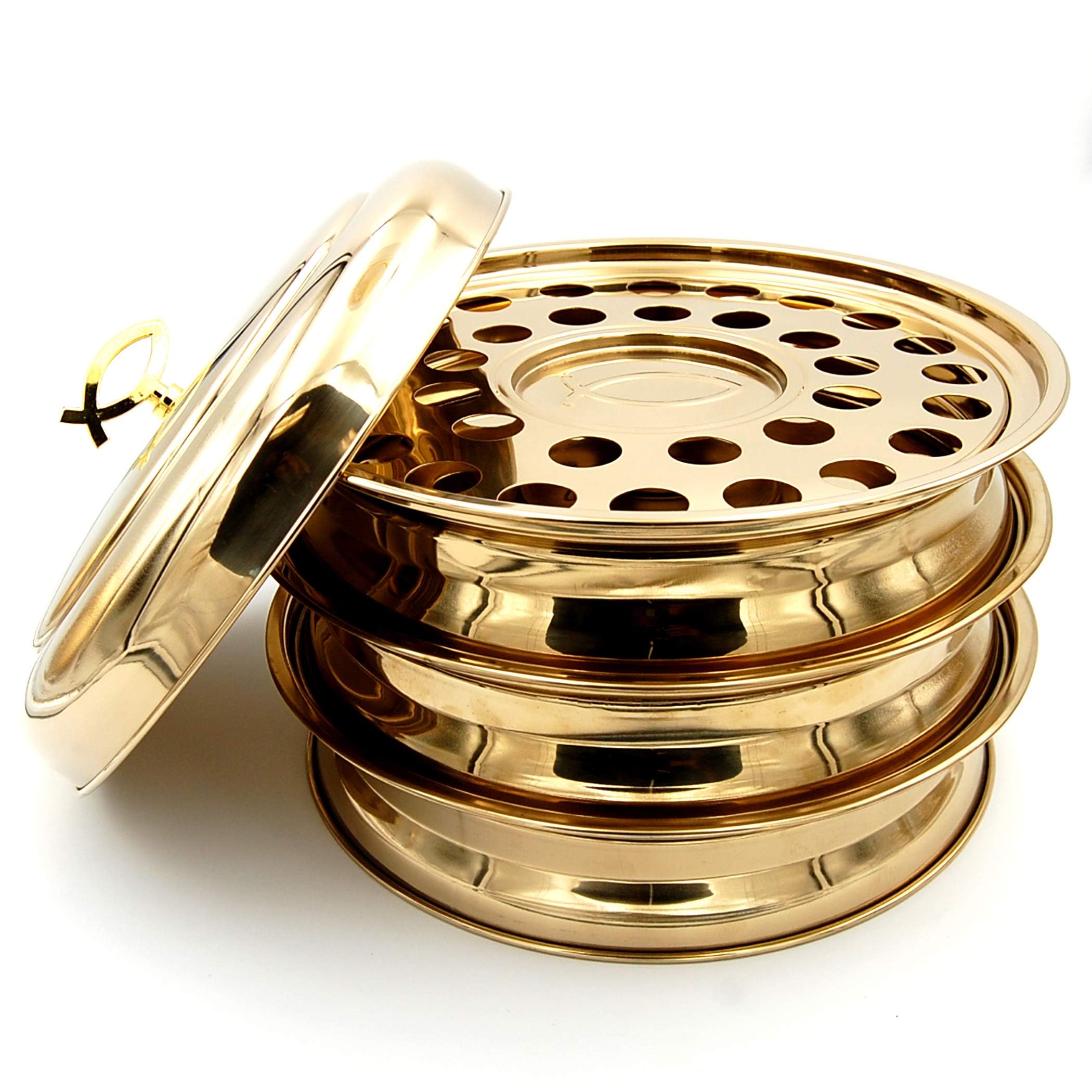 Stainless Steel Communion Tray with Bread Plate - Stackable Brass Tone Serving Tray for 33 Cups | Church Communion Supplies for Worship Services & Religious Ceremonies