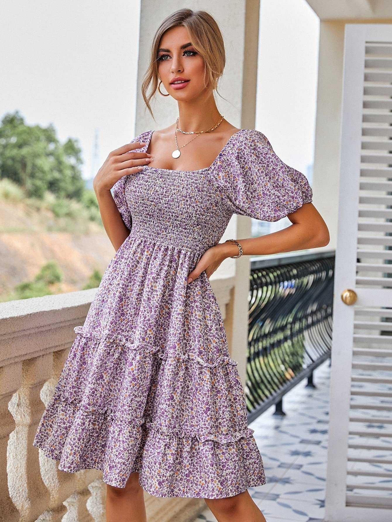 VIYAN Women's Floral Boho Dress - Short Sleeve Shirred Frill Summer Dress for Beach, Vacation & Casual Outings
