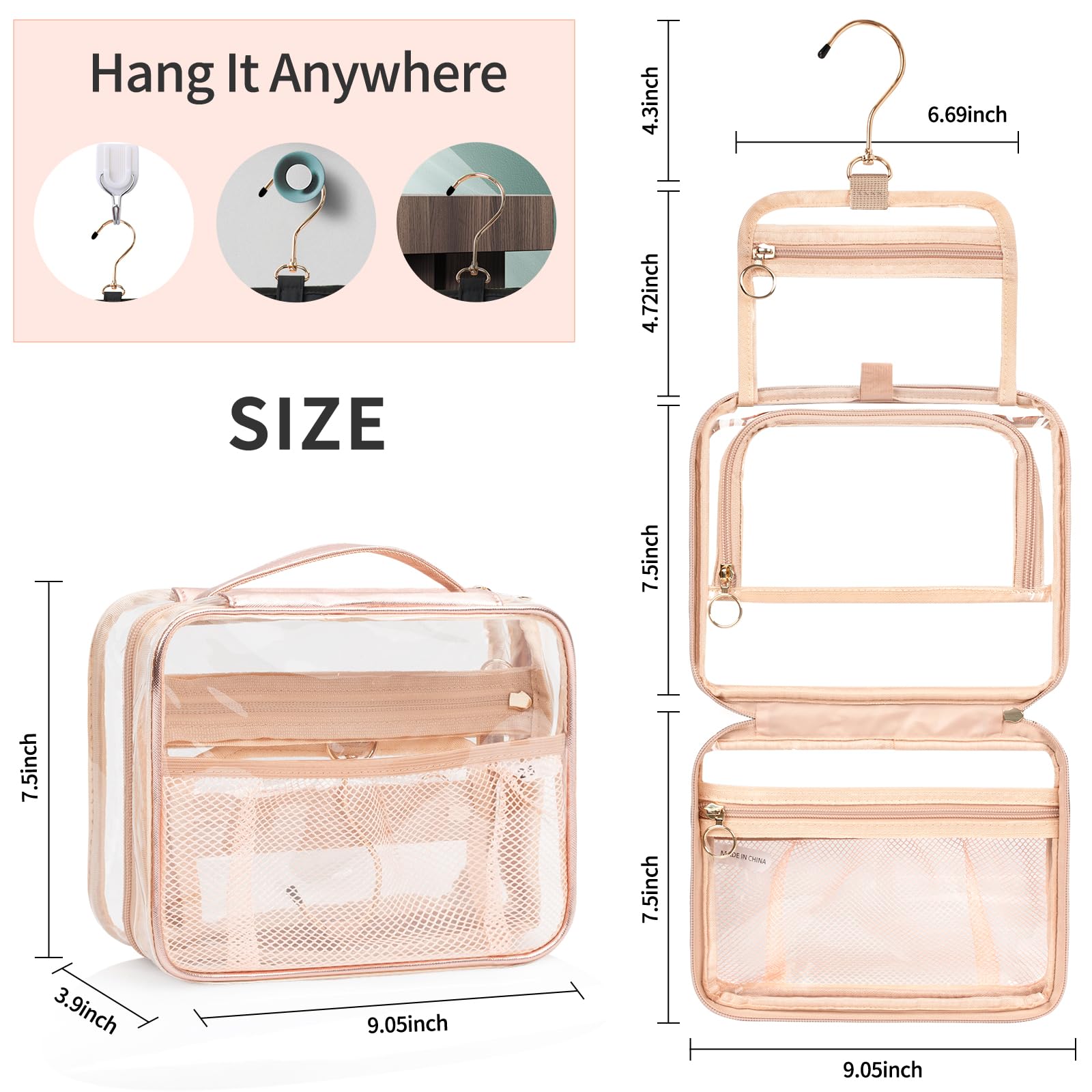 Clear Hanging Toiletry Bag for Women - Travel Makeup Organizer with 360° Hook - Portable Cosmetic & Skincare Pouch for Bathroom, Gym, Camping, and Airplane Travel