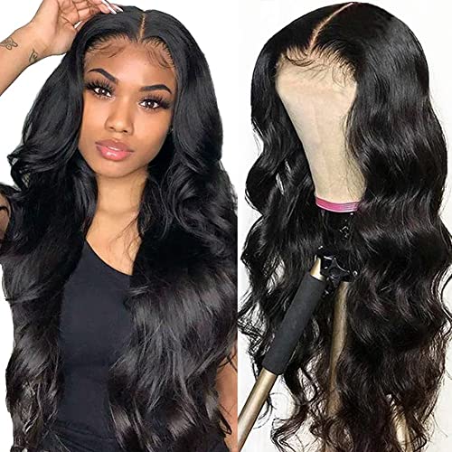 Natural Black Human Hair Wigs for Women - 14 Inch Body Wave Lace Front Wig with Baby Hair & 4x4 Lace Closure | 220% Density Glueless Pre Plucked | Perfect for Daily Wear, Cosplay & Special Occasions