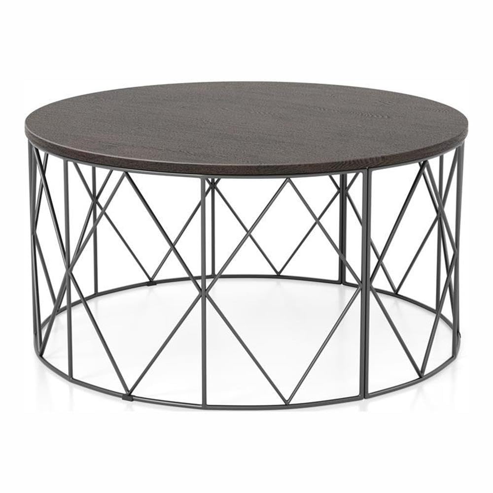 Furniture of America Borche Industrial Wood Round Coffee Table - Walnut Finish, Modern Farmhouse Style for Living Room, Lounge & Office Decor