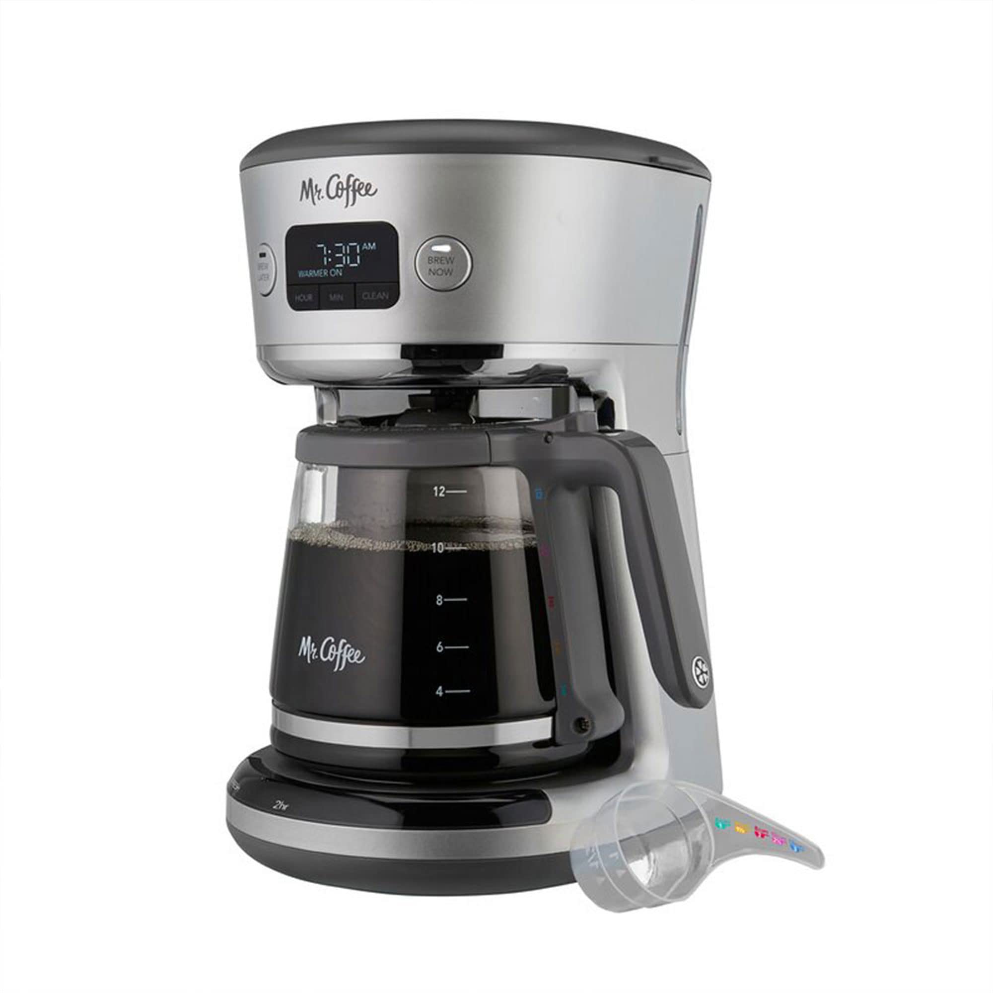 Mr. Coffee 31160393 12-Cup Programmable Digital Coffee Maker with Built-In Water Filter & Measuring Scoop - Silver | Perfect for Home, Office & Entertaining