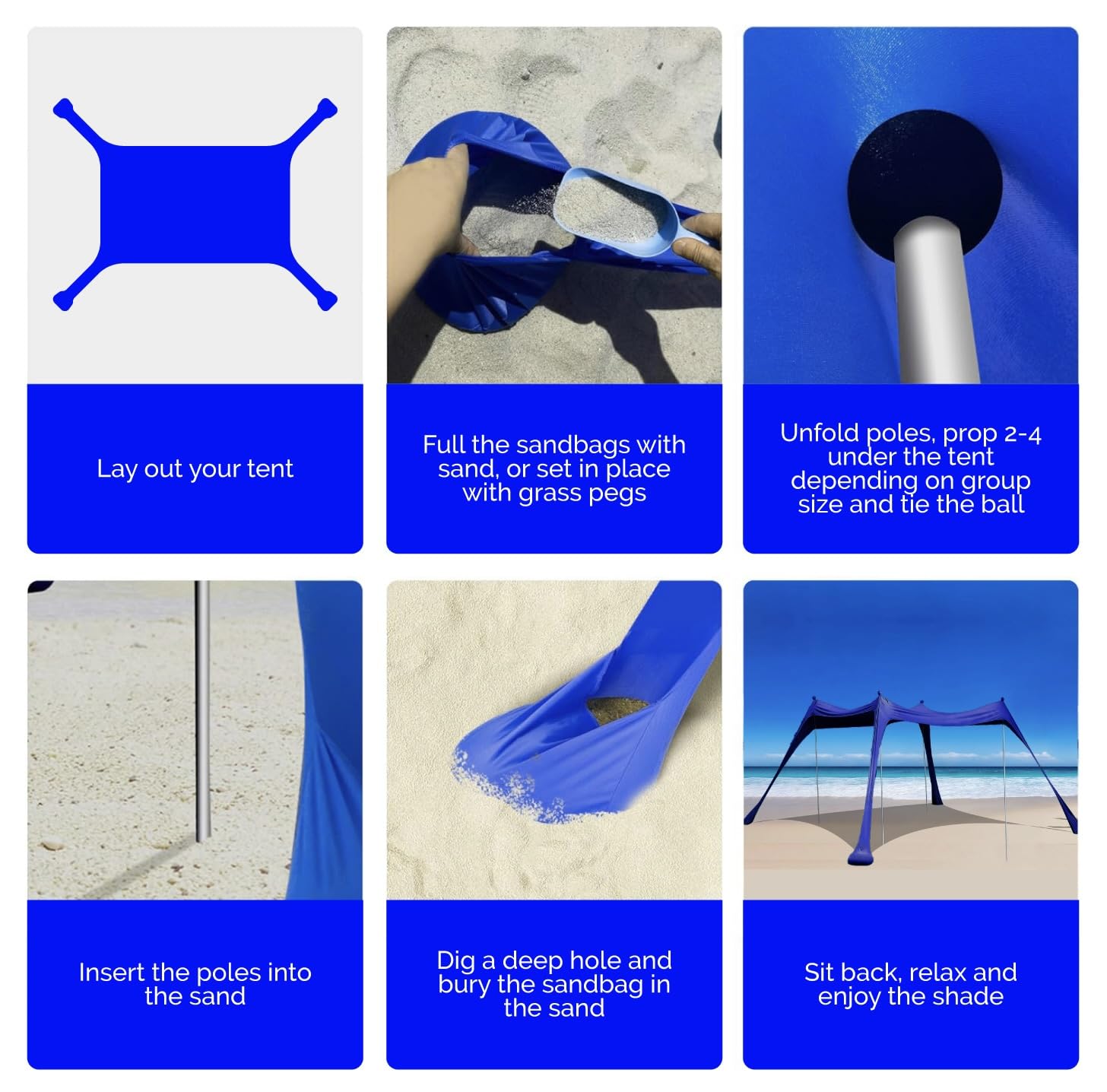 UPF50+ Beach Tent Sun Shelter with Sand Shovel & Grass Pegs - Portable Sunshade for Family Beach Days, Camping, and Outdoor Adventures