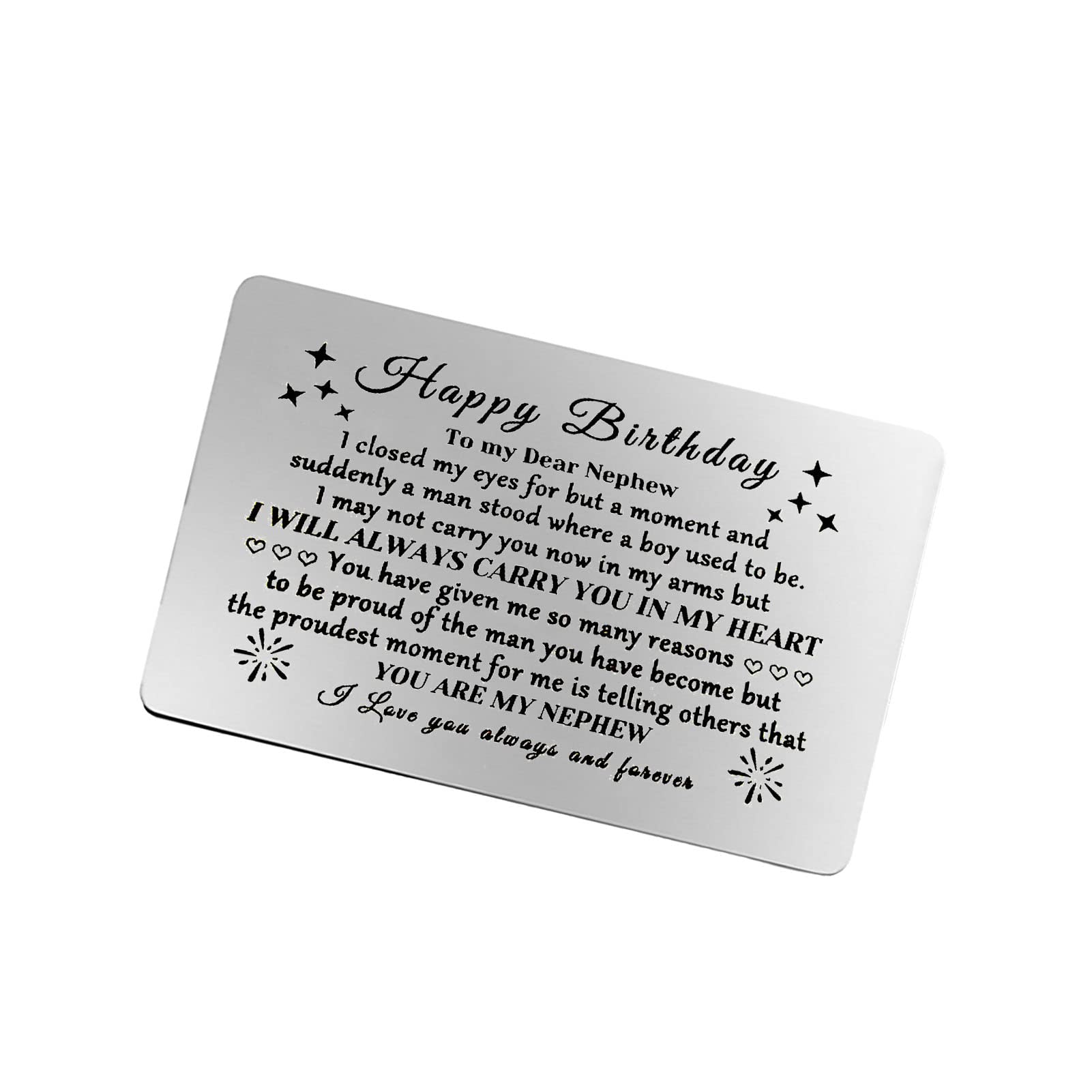 Personalized Engraved Wallet Insert Card - Inspirational Birthday Gift for Nephew from Aunt & Uncle - Motivational Encouragement Gift Idea for Adult Nephews - Perfect for Graduation, Holidays & Special Occasions