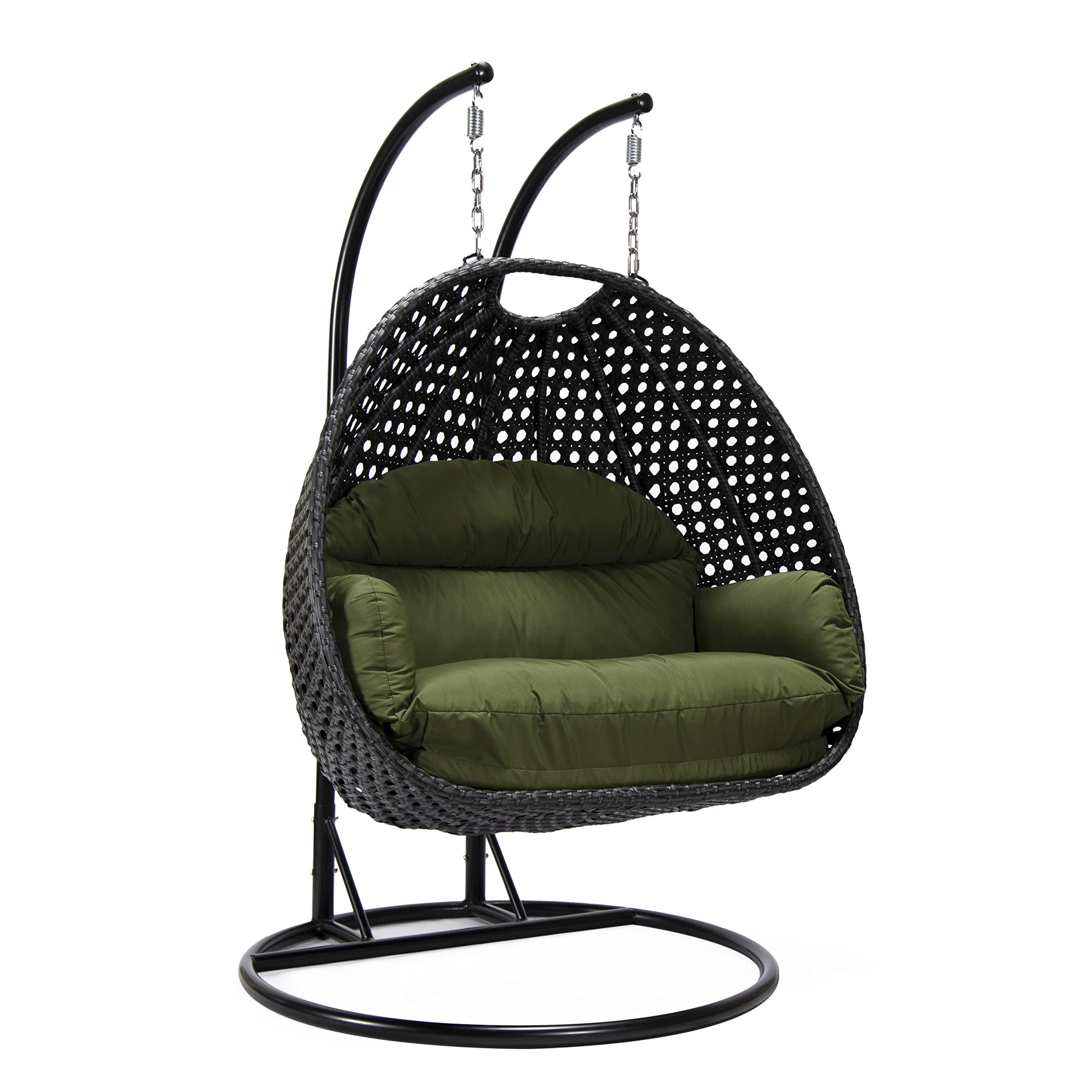 LeisureMod Mendoza Charcoal Wicker 2-Person Hanging Egg Chair with Stand & Cushions - Indoor/Outdoor Patio Swing for Garden, Porch, Backyard - Dark Green - Perfect for Relaxing, Lounging & Reading