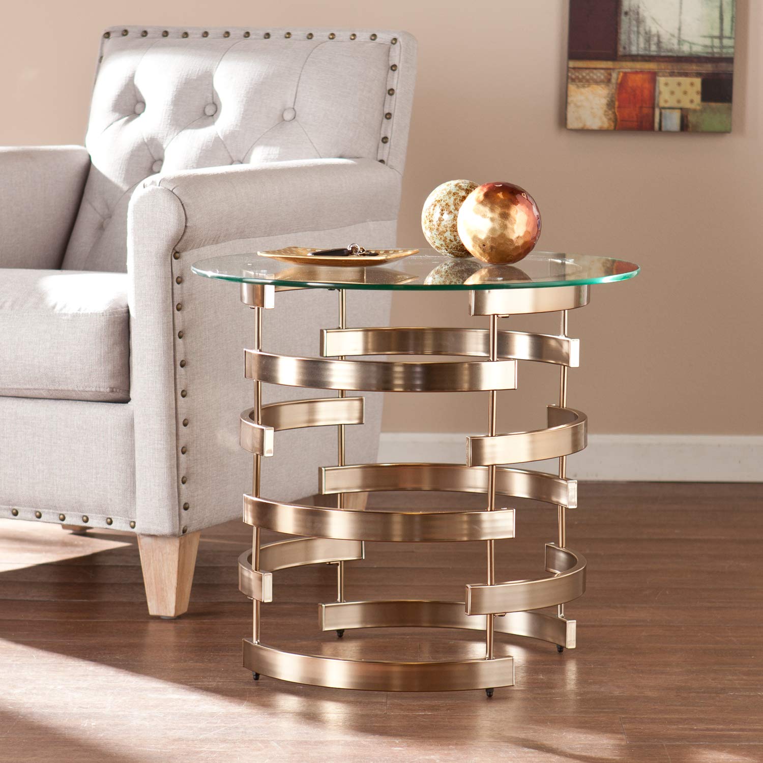 SEI Furniture Belmar Contemporary Round Glass Top End Table - Champagne Gold Finish - Modern Living Room & Bedroom Accent Table for Small Spaces