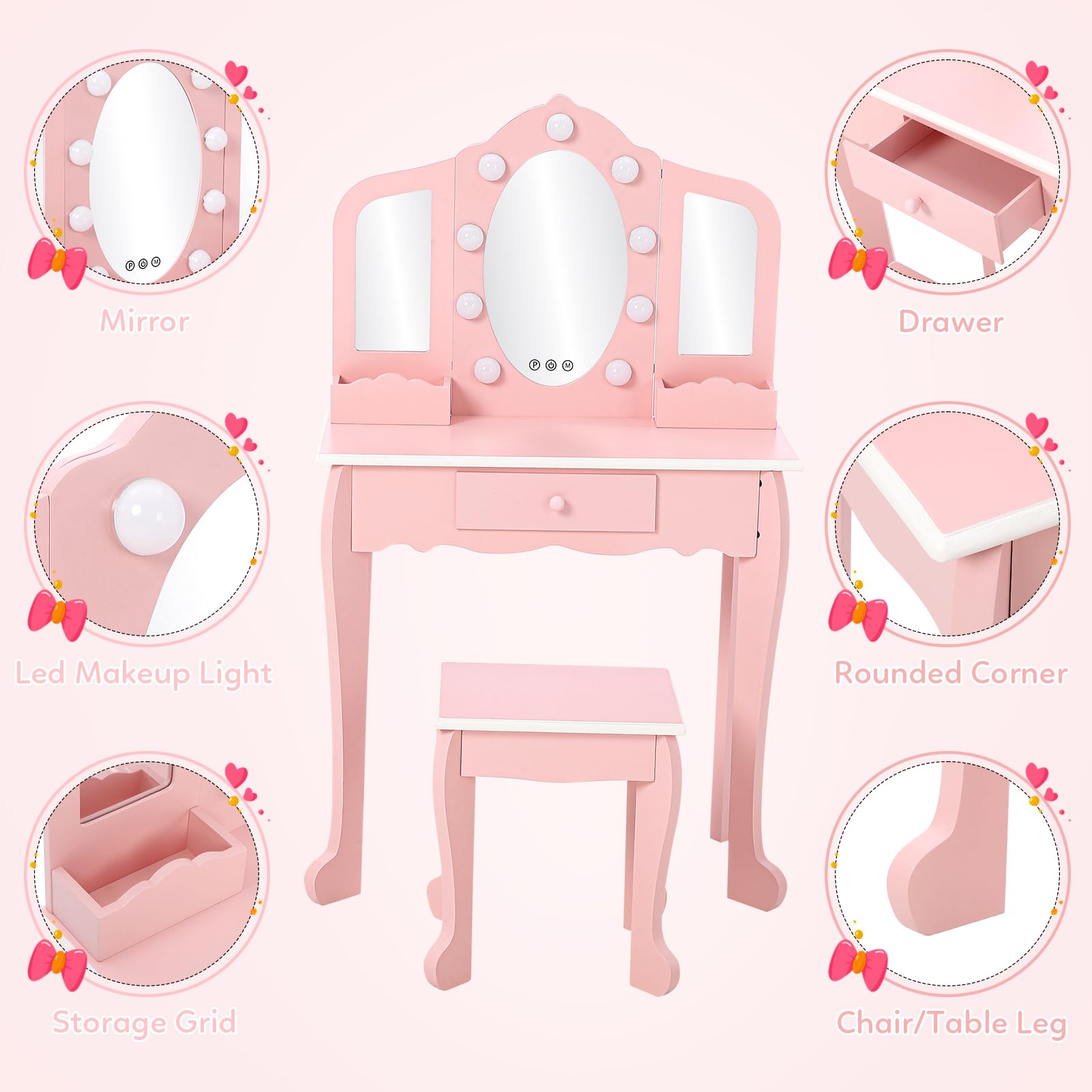 Kids Vanity Set with 3 Mirrors & Stool - Wooden Princess Makeup Play Table for Toddlers & Girls (Pink) | Perfect for Pretend Play, Birthday Gifts & Bedroom Decor