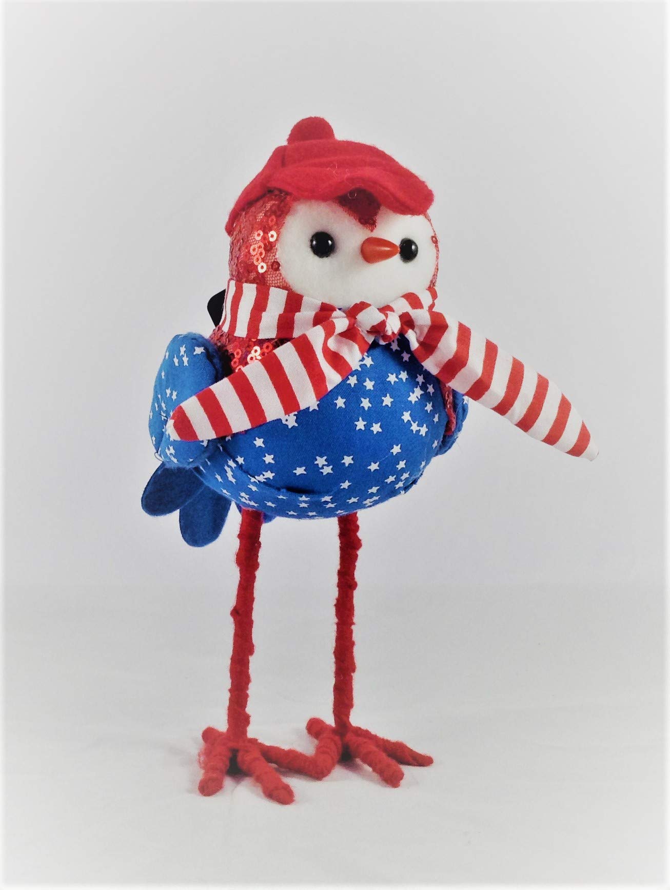 Patriotic Fabric Bird Decoration - 8 Inch Blue with White Stars Body & Wings, Red Sequined Head and Red Driving Hat - Perfect for 4th of July, Memorial Day, and Patriotic Home Decor
