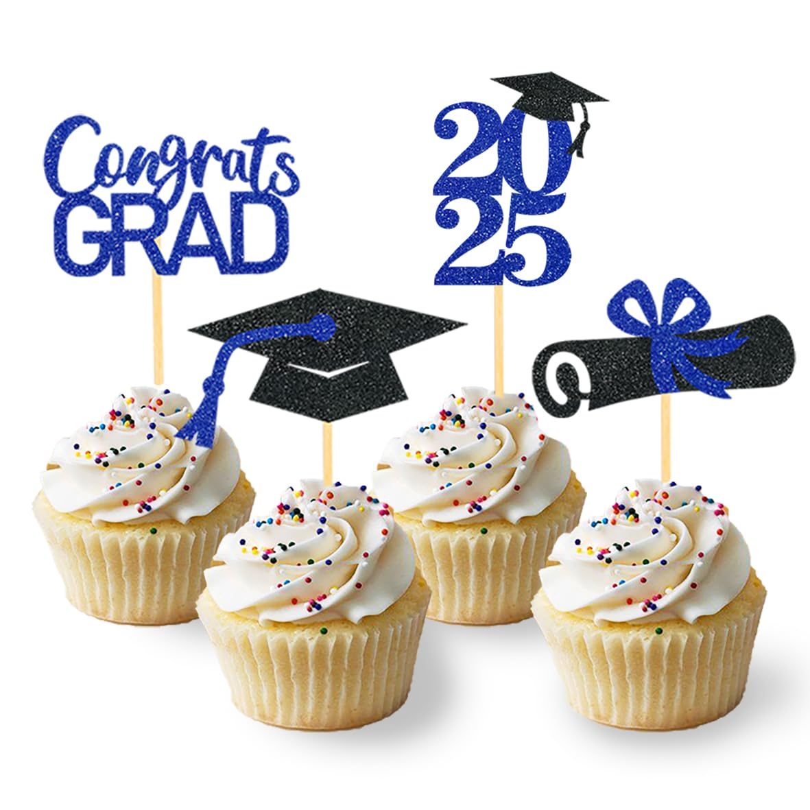 24Pcs Graduation Cupcake Toppers - Class of 2025 Blue Cupcake Decorations for Graduation Party, Commencement Ceremony & School Celebration - Food Safe Cake Picks for Dessert Decoration