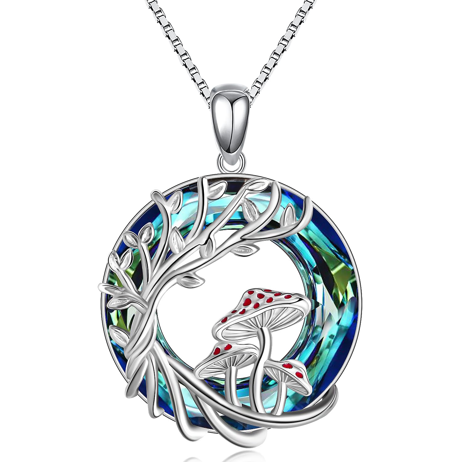 VOVEAT 925 Sterling Silver Blue Crystal Tree of Life Mushroom Pendant Necklace for Women - Austrian Crystal Mushroom Jewelry Birthday Gift for Her - Perfect for Nature Lovers, Boho Fashion & Spiritual Healing