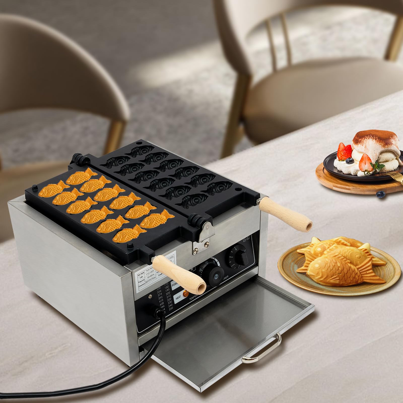 Electric Taiyaki Waffle Maker 1800W - Non-Stick Fish Shaped Waffle Iron with Adjustable Temperature (122-572°F) & 12 Cavities - Perfect for Restaurants, Cafes, Snack Shops, and Home Breakfast - Make Delicious Japanese Fish-Shaped Pancakes and Waffles
