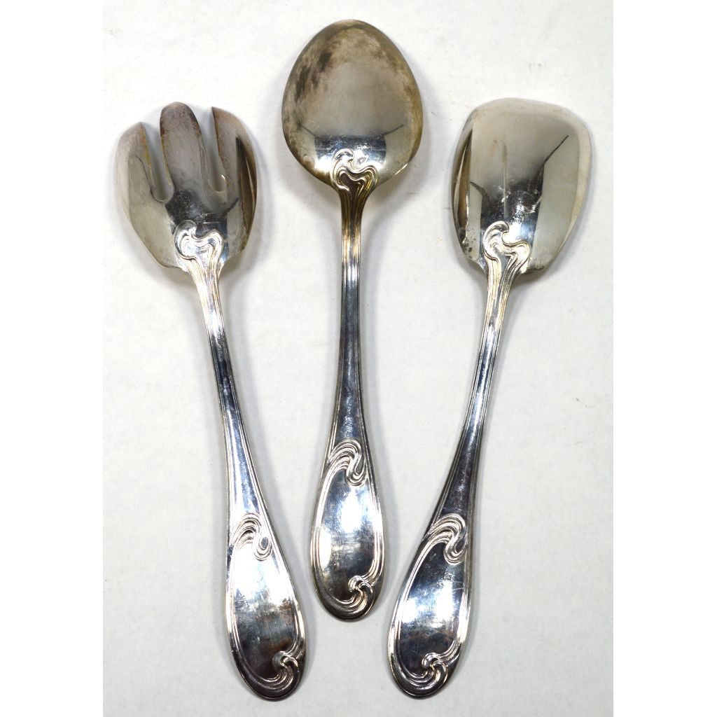Vintage ERCUIS Silver Plated Flatware Set of 3 Salad/Serving Spoons with Wave Pattern - Perfect for Fine Dining, Wedding Gifts & Antique Collectors
