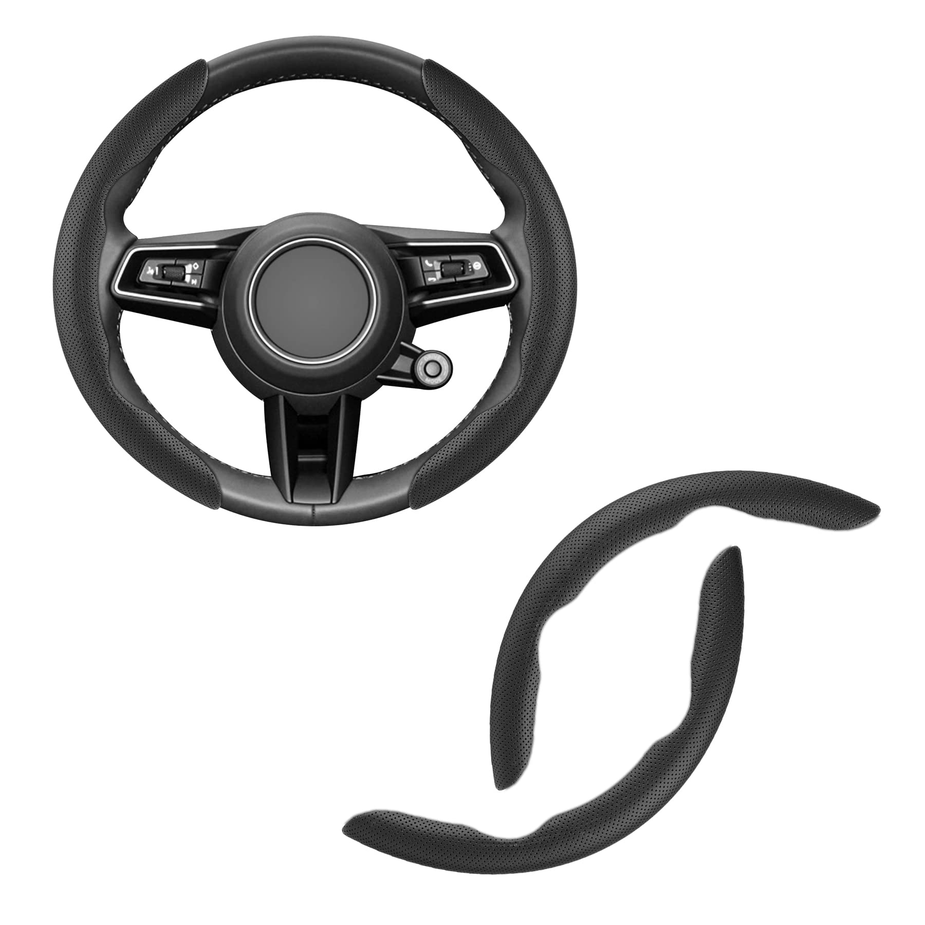 Premium Nappa Leather Steering Wheel Cover - Universal Fit for 99% Cars - 2PCS Segmented Design - Luxury Car Interior Accessories (Black) - Perfect for Daily Commuting & Road Trips