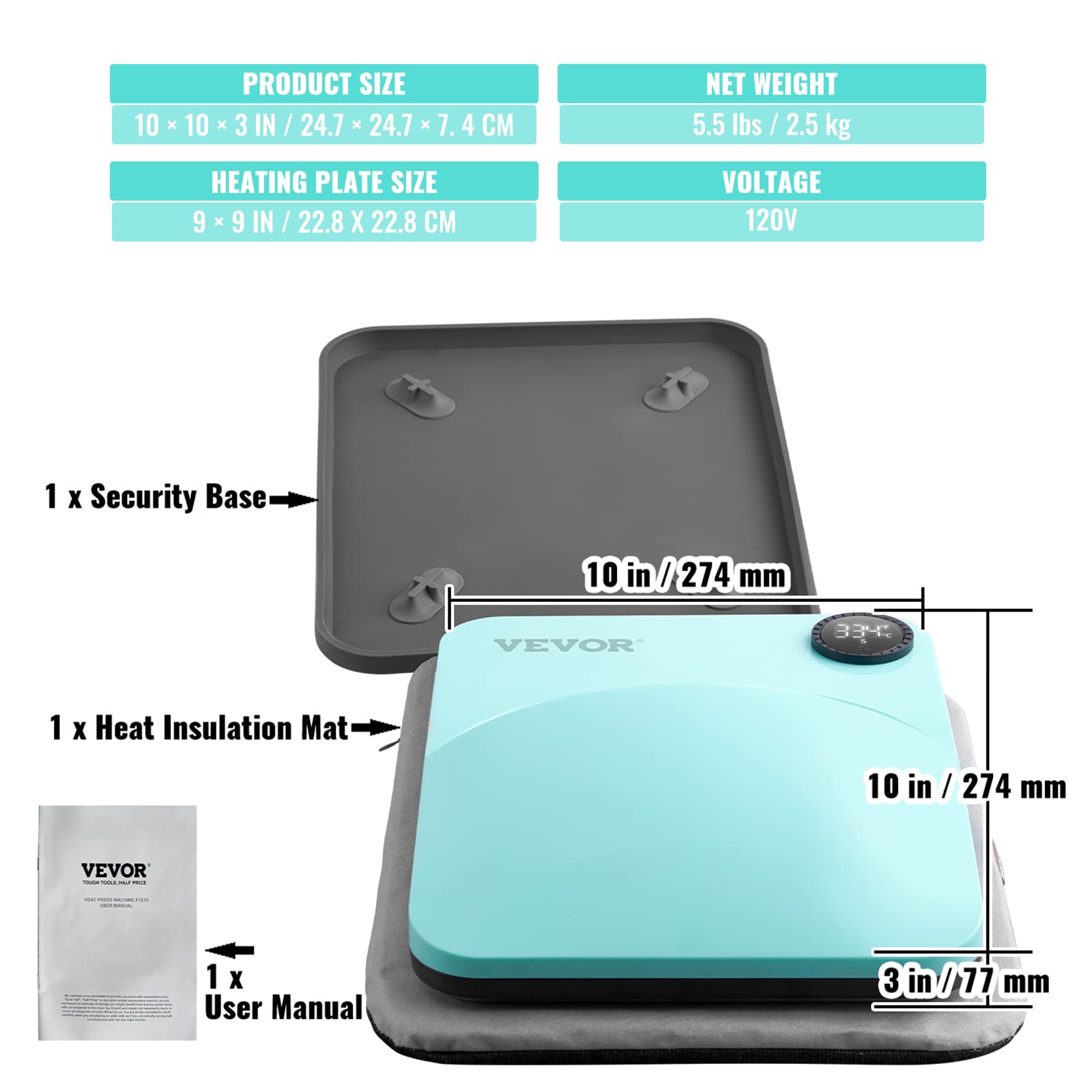 VEVOR 9x9 Inch Heat Press Machine for T-Shirts, Bags & Pillows - Portable Sublimation Transfer Press with Teflon Coating - Perfect for DIY HTV Vinyl Projects, Custom Apparel & Home Crafting