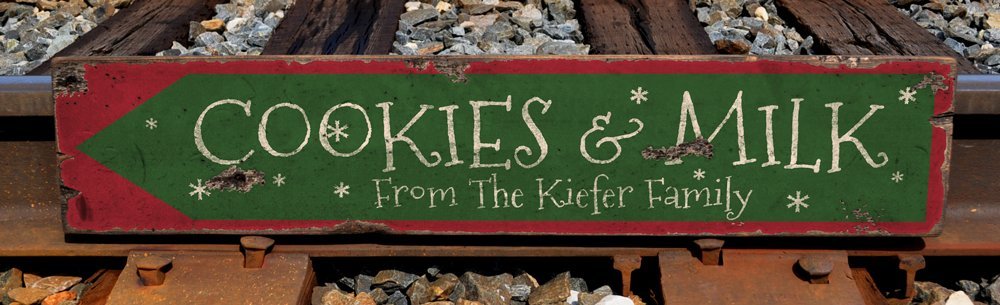 Family Name Christmas-Themed Arrow Wooden Sign - 9.25 x 48 Inches - Cookies and Milk Holiday Decor - Perfect for Fireplace Mantel, Front Door, and Festive Home Decor