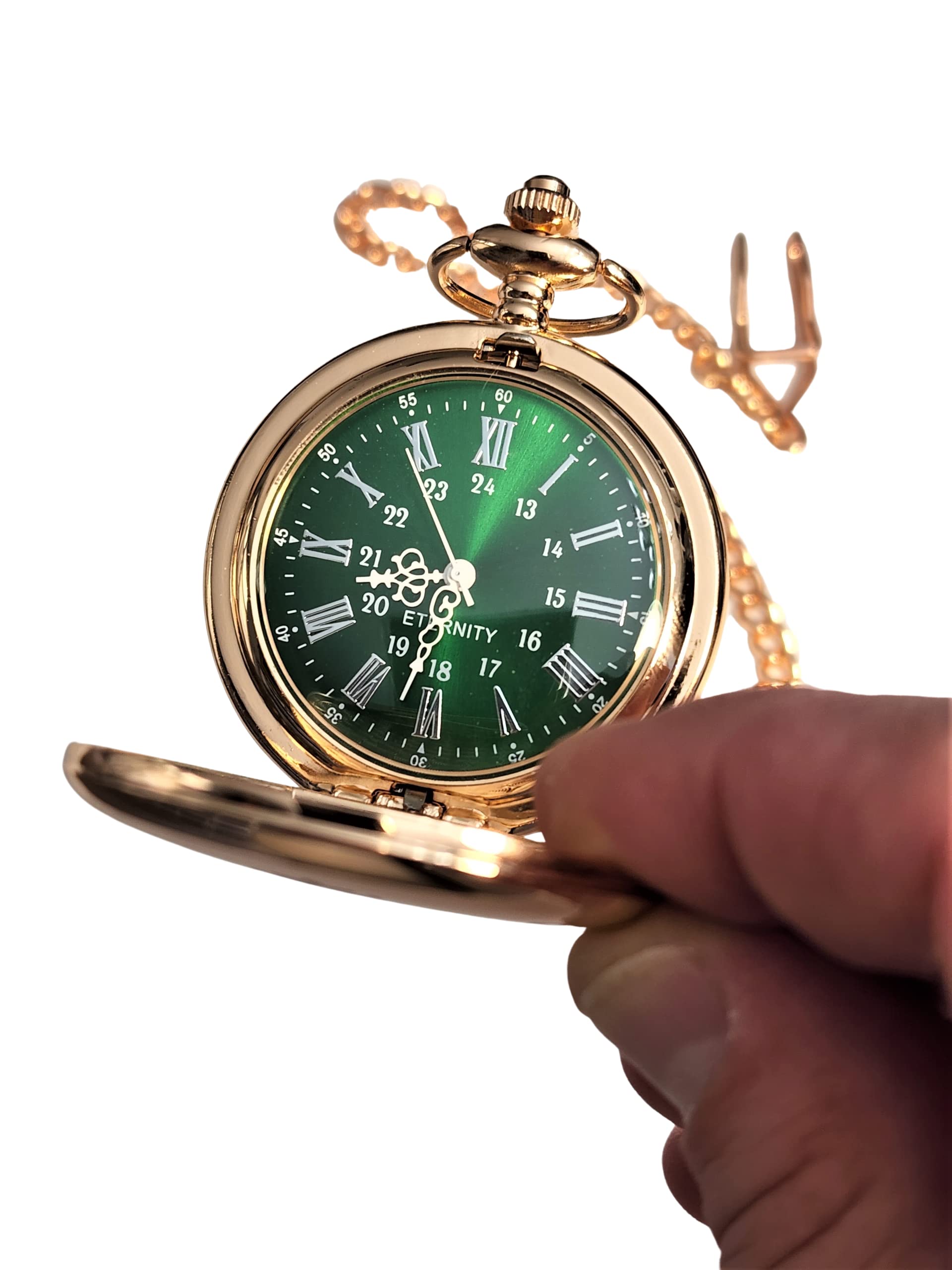 Vintage Silver Engraved Pocket Watch with Green Dial & Roman Numerals - Includes Chain, Fitted Box & Personalization - Perfect for Weddings, Anniversaries & Collectors