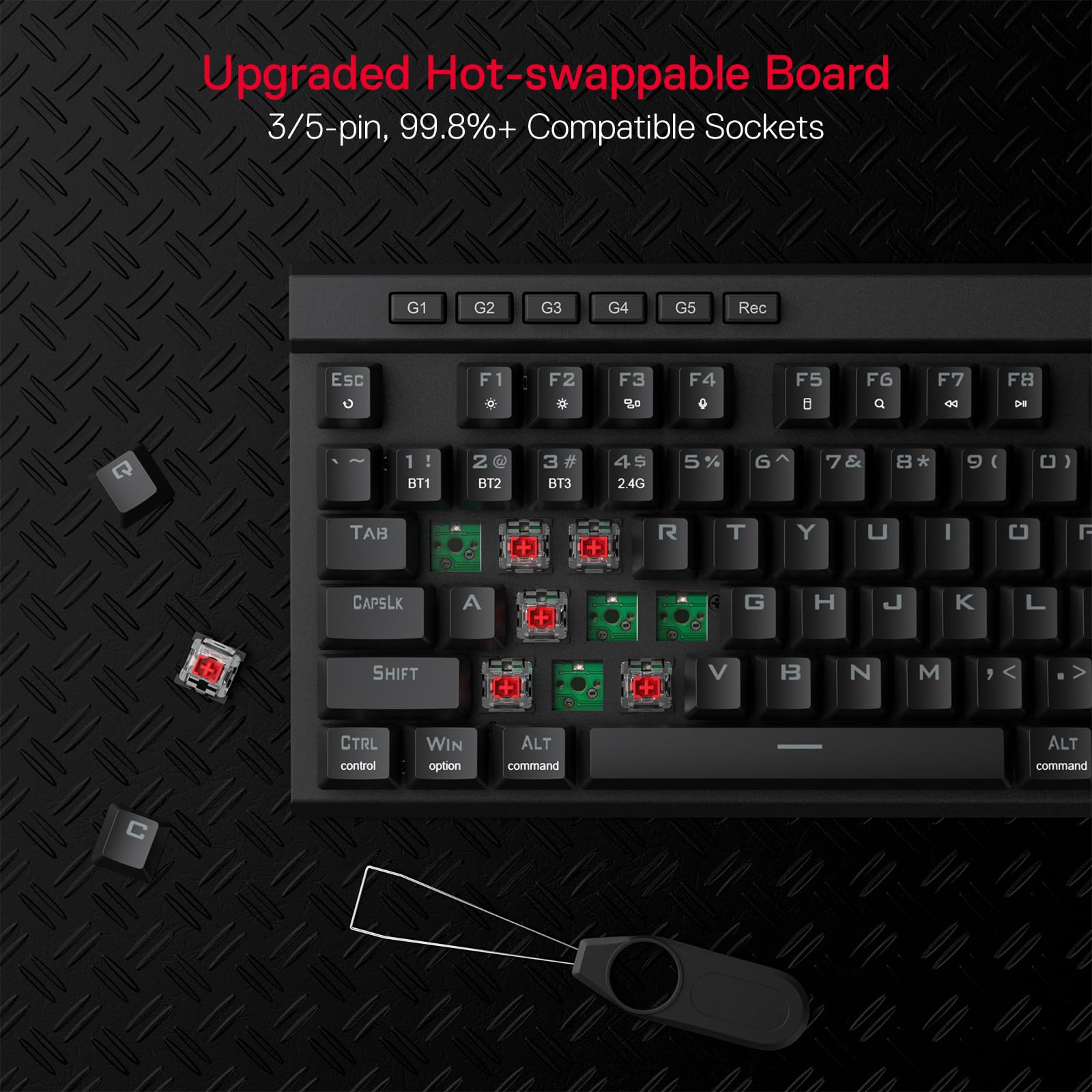Redragon K580 PRO Wireless RGB Gaming Keyboard - 3-Mode 104-Key Hot-Swap Mechanical Keyboard with Linear Red Switches, Dedicated Media Controls & Onboard Macro Recording | Perfect for PC Gaming, Office Work & Streaming Setups