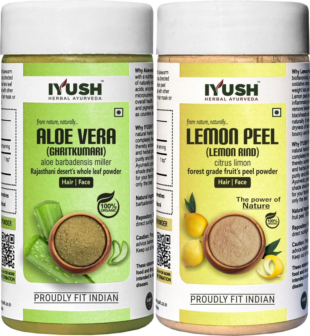 IYUSH Herbal Ayurveda Aloe Vera and Lemon Peel Powder - 100g Each | Natural Skin Care & Hair Treatment | For Face Masks, Hair Growth & Detox Drinks