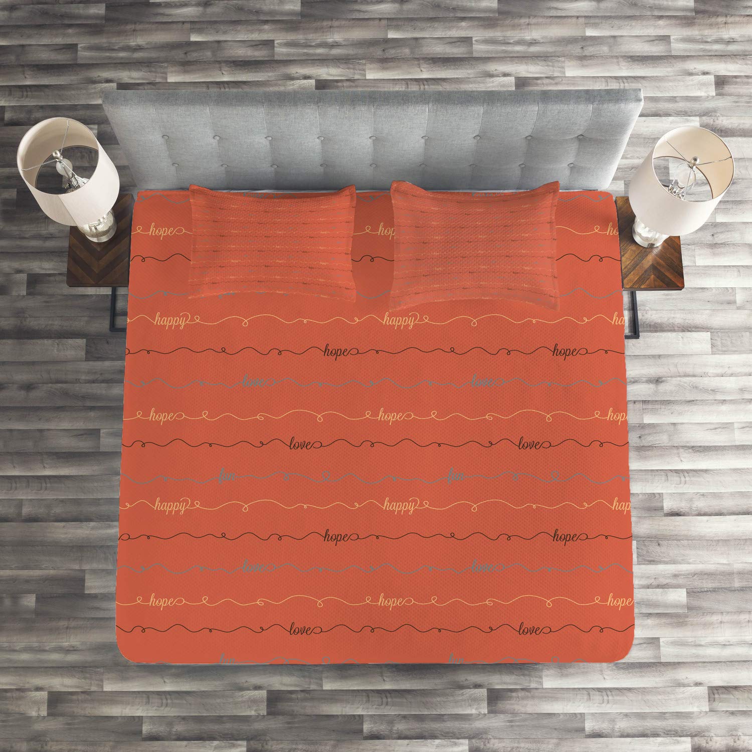 Ambesonne 3-Piece King Size Quilted Bedspread Set with 2 Pillow Shams - Dark Coral & Brown Inspirational 'Hope Love Happy' Lettering Design | Elegant Bedroom Decor for Master Suite or Guest Room