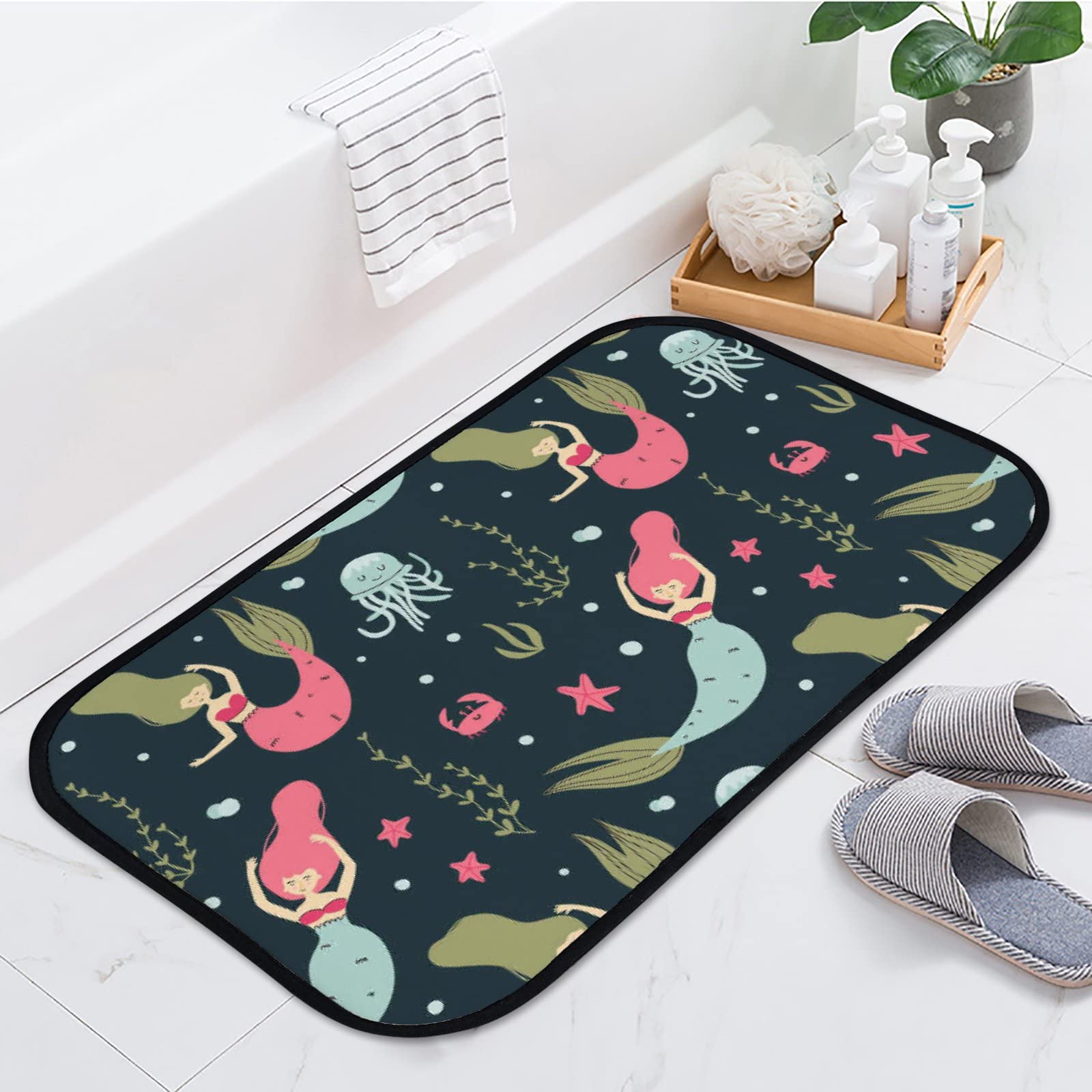 Soft Non-Slip Washable Foam Area Rug - Cute Mermaid & Octopus Design for Kitchen, Bathroom, Living Room - Indoor/Outdoor Home Decor Mat 23.6