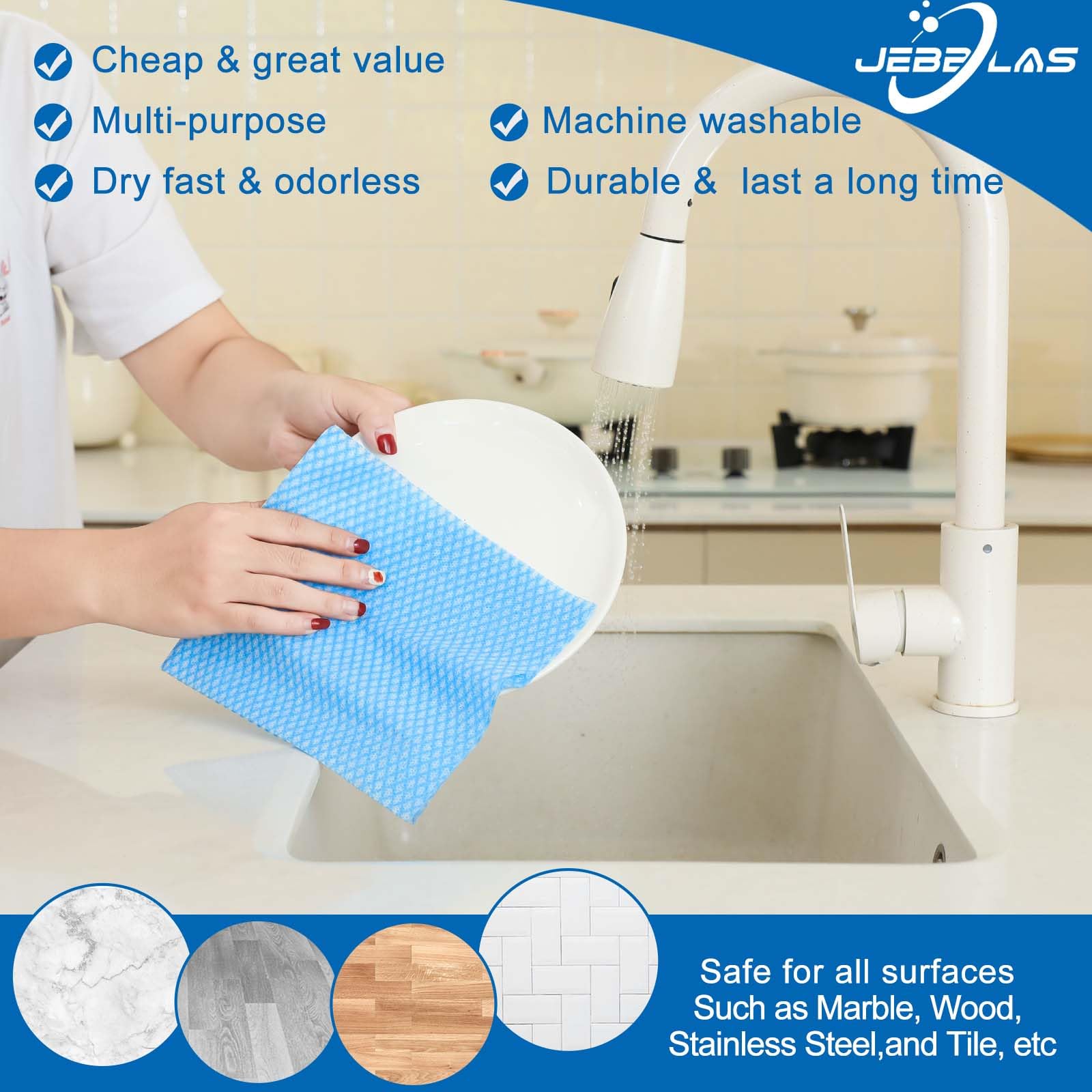 **JEBBLAS Disposable Cleaning Towels & Reusable Dish Cloths – 50-Pack Blue Cleaning Wipes for Kitchen, Bathroom & Household Cleaning**