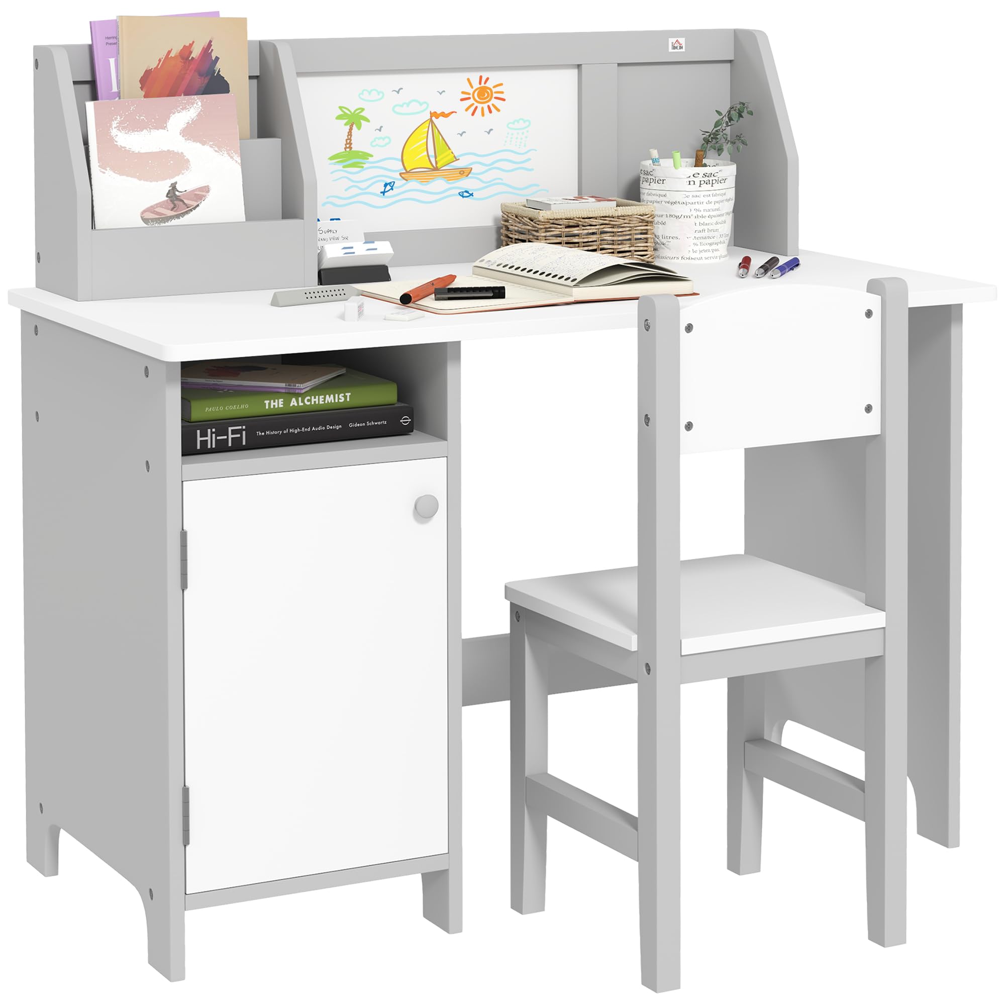 Qaba Kids Study Desk and Chair Set with Whiteboard, 2-Piece Adjustable Children's Table & Chair with Storage Shelves - Perfect for Homework, Art, Computer Work & Small Spaces (Grey)