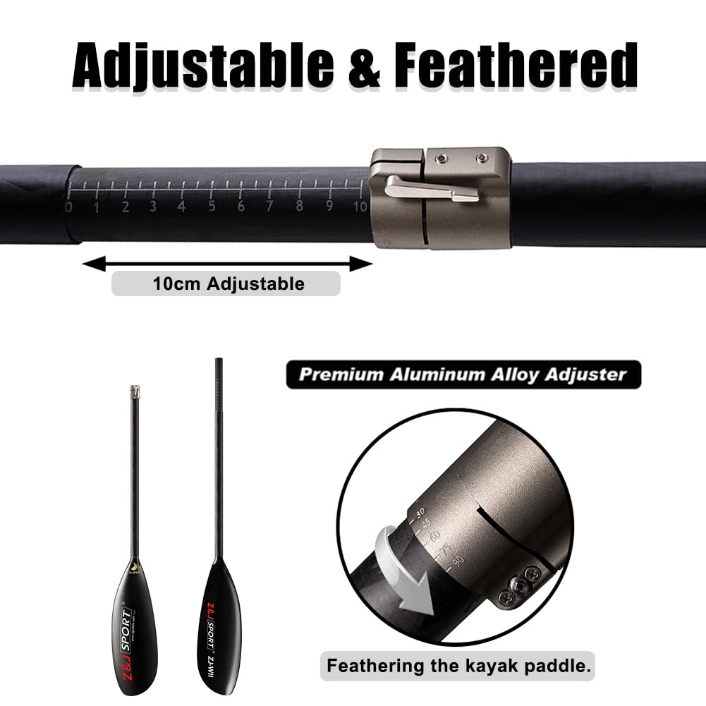 Z&J SPORT Adjustable Carbon Fiber Kayak Paddle - Lightweight 2-Piece Wing Paddle with Oval Shaft for Surfski, Racing & Touring Kayaks | Includes Paddle Bag | Perfect for Long-Distance Kayaking & Water Sports