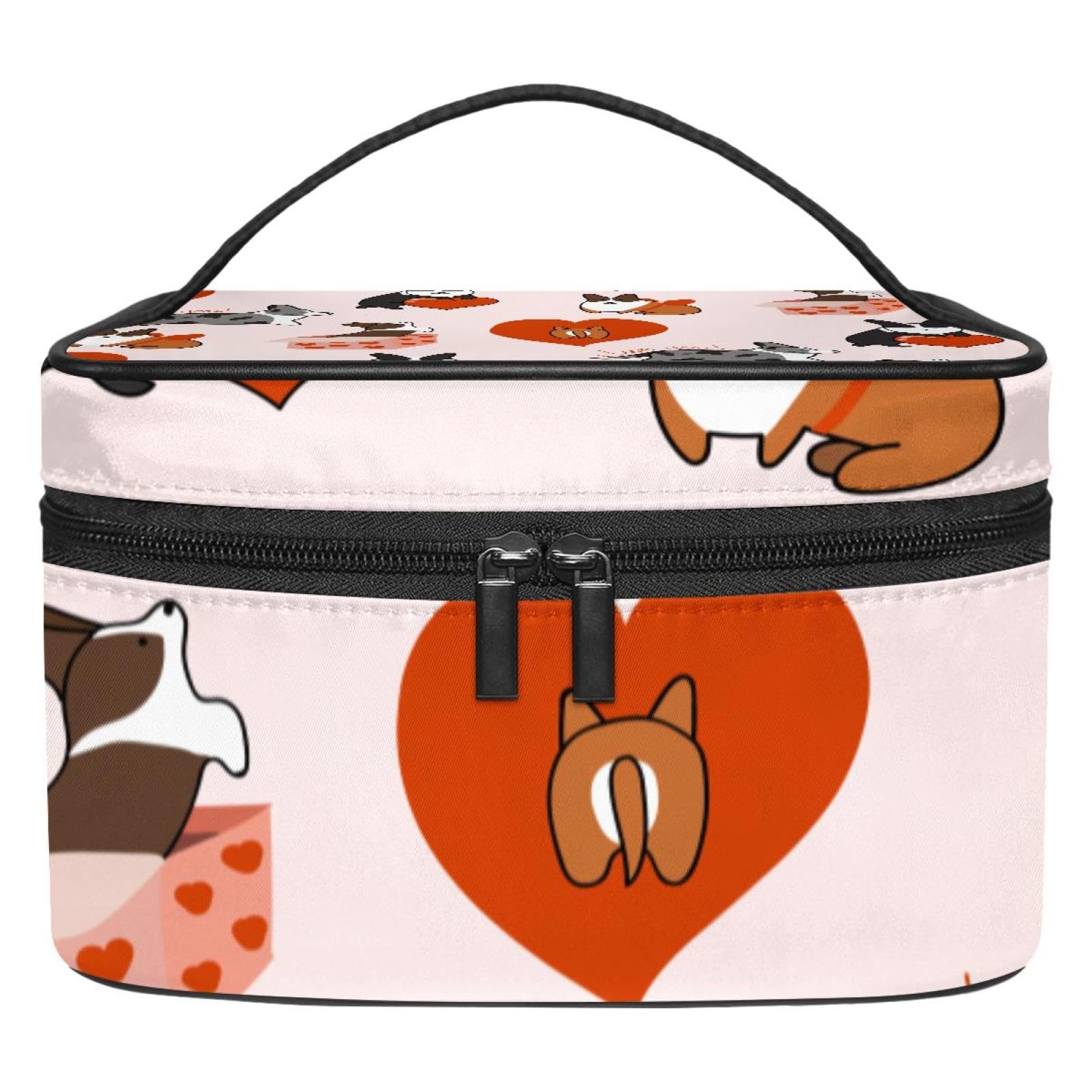 Waterproof Travel Makeup Bag with Brush Holder - Portable Cosmetic Organizer for Toiletries & Makeup Brushes - Cute Red Heart Dog Design - Perfect for Travel, Gym, and Daily Use