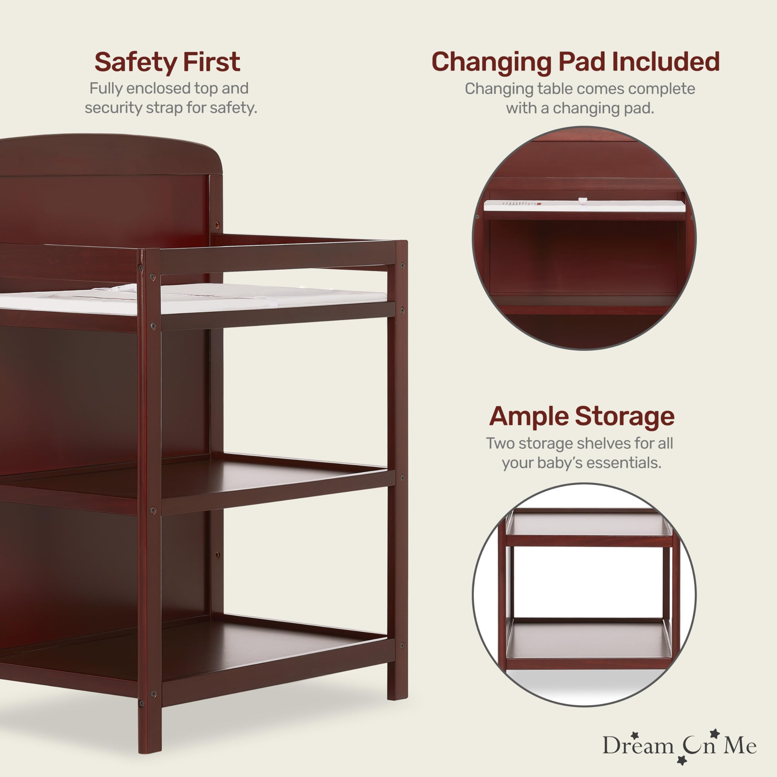 Dream On Me Anna 3-in-1 Convertible Crib with Changing Table - Cherry Wood, Greenguard Gold Certified, Non-Toxic Baby Nursery Furniture Set with 1