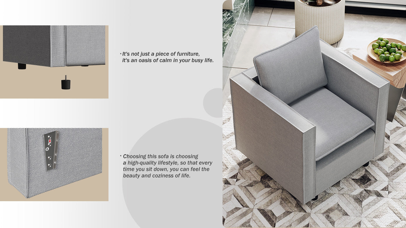 Modern Gray Single Sofa Chair - Soft Breathable Seat Cushion, Comfortable Armchair for Bedroom, Living Room Corner & Reading Nook - Cozy Home Decor Accent Piece