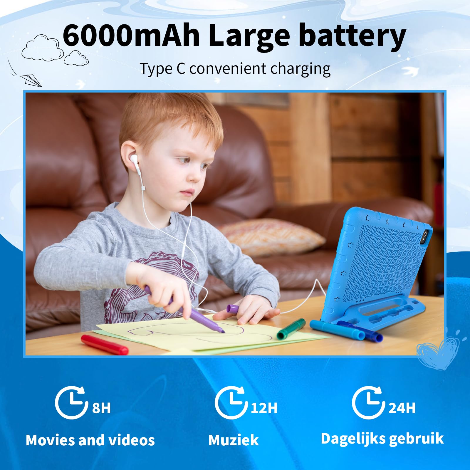 10 Inch Kids Tablet with Android 13 | 6GB RAM 64GB ROM | Bluetooth, WiFi, GMS | Parental Control & Shockproof Case | Educational Learning & Games Tablet for Toddlers (Blue) - Perfect for Homeschooling, Travel Entertainment & Early Childhood Development