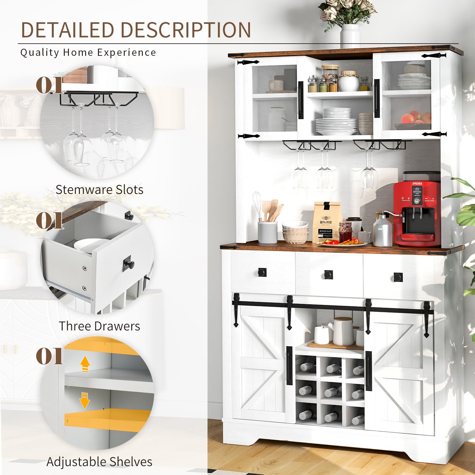 Farmhouse Coffee Bar Cabinet with Storage - 72