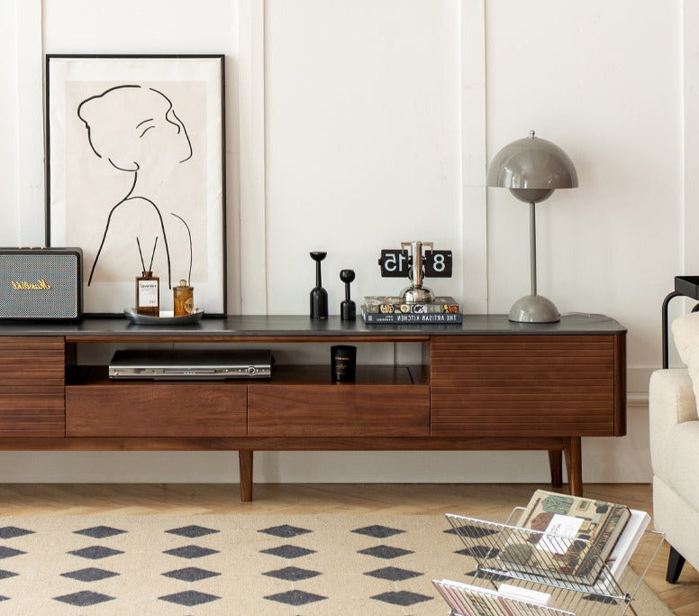 Black Walnut Solid Wood TV Stand with Slate Top - Rustic Modern Entertainment Center for Living Room, Bedroom & Home Theater