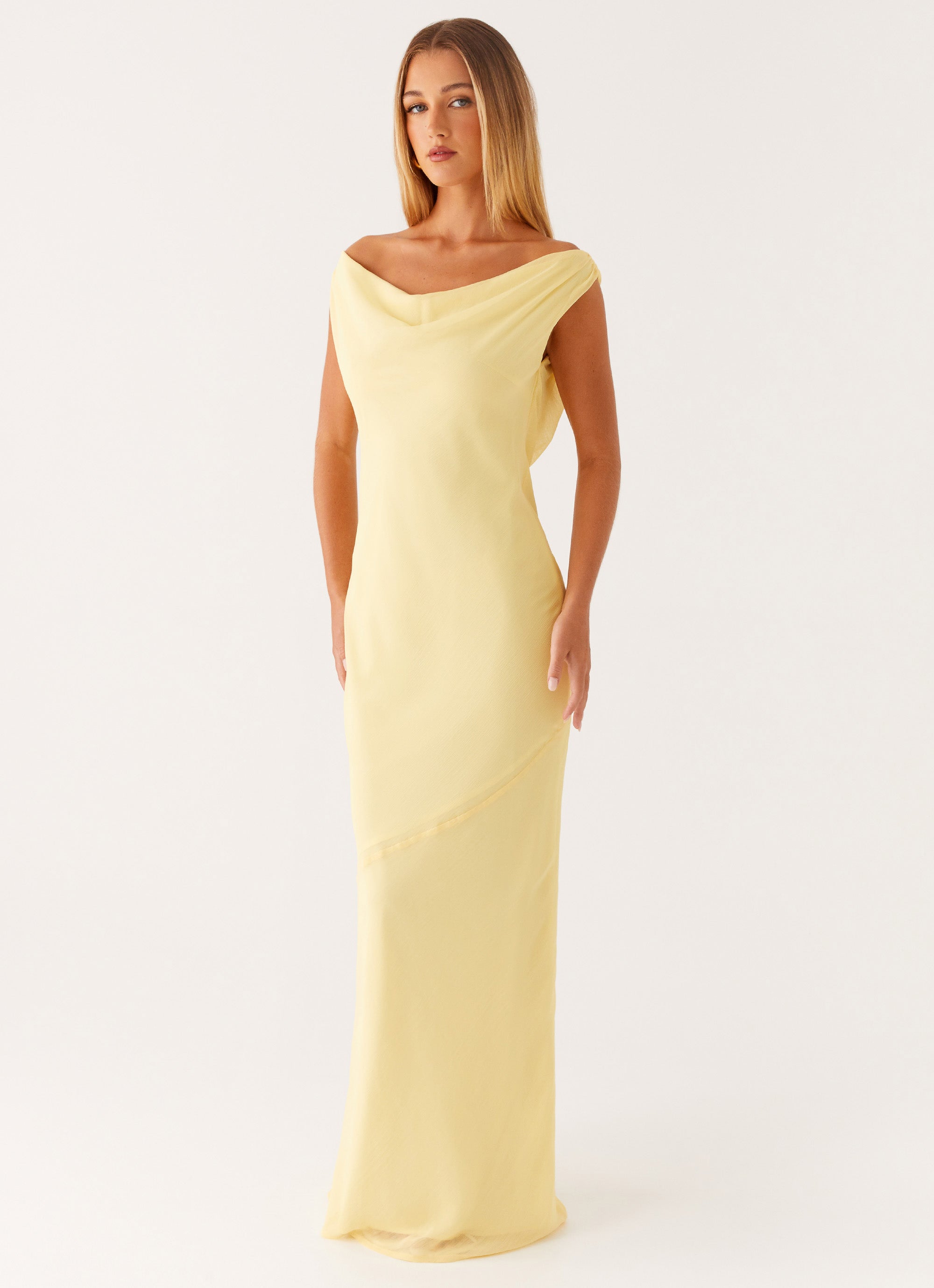 Elegant Brittany Chiffon Maxi Dress in Pastel Yellow - Perfect for Summer Weddings, Beach Vacations & Special Occasions