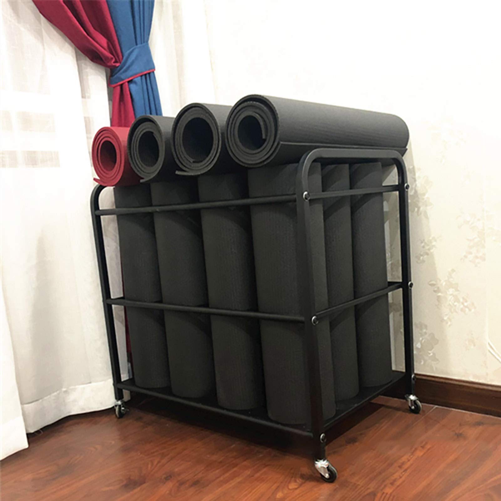 Premium Black Large Yoga Mat Storage Cart with Wheels - Holds 12 Foam Rollers & Exercise Mats - Heavy Duty Organizer for Home Gym, Yoga Studio & Garage Storage - Perfect for Fitness Equipment Organization & Space Saving