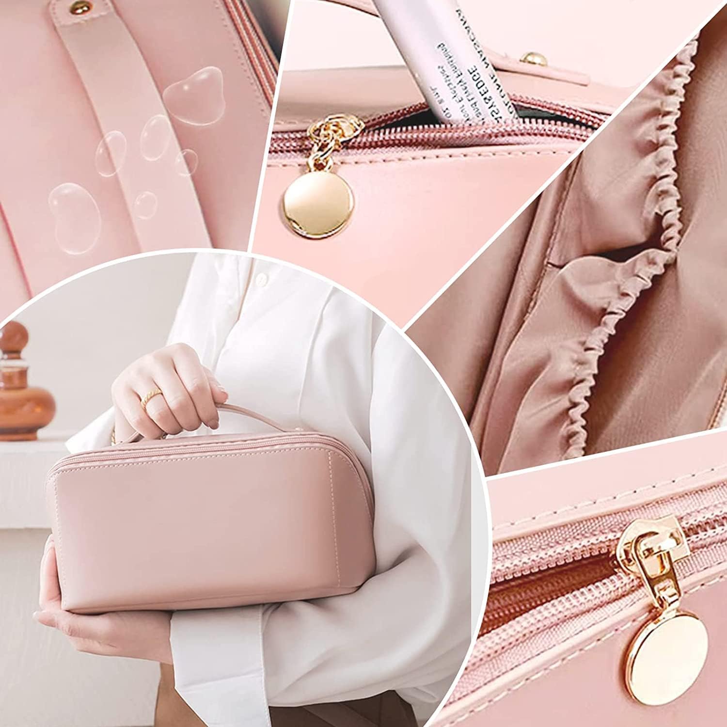 Premium Large Capacity Leather Travel Cosmetic Bag with Handle & Divider - Waterproof Makeup Organizer for Women | Portable Toiletry Bag for Vacation, Gym, Business Trips (Brown/Pink)