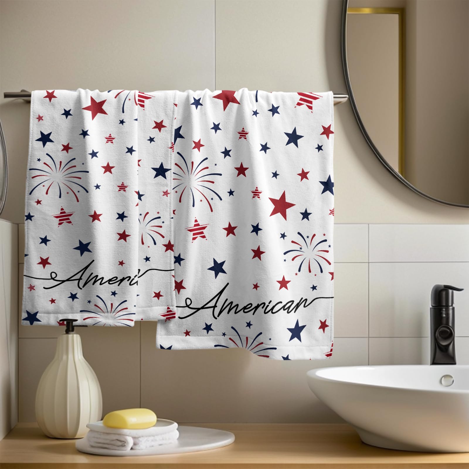 4th of July Hand Towels Set of 2 - Patriotic Red Blue Stars American Flag Microfiber Towels 28x14 Inch | Super Soft, Highly Absorbent Fingertip Towels for Bathroom, Kitchen & Holiday Decor | Perfect for Independence Day, Memorial Day & Summer BBQs