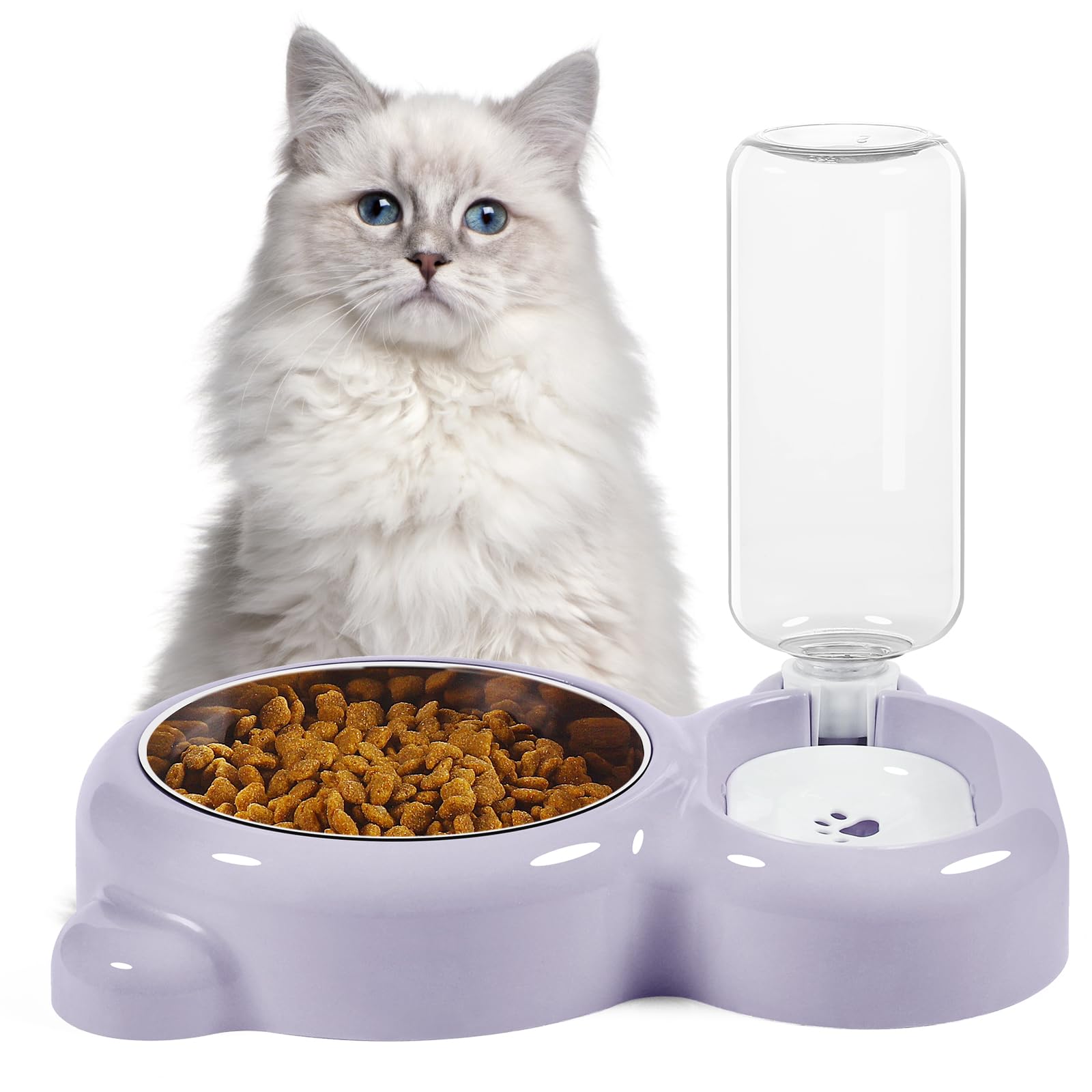 Premium Stainless Steel Cat & Small Dog Bowls Set with Water Dispenser - Non-Slip Pet Food & Water Dishes for Home, Travel & Outdoor Use - Purple