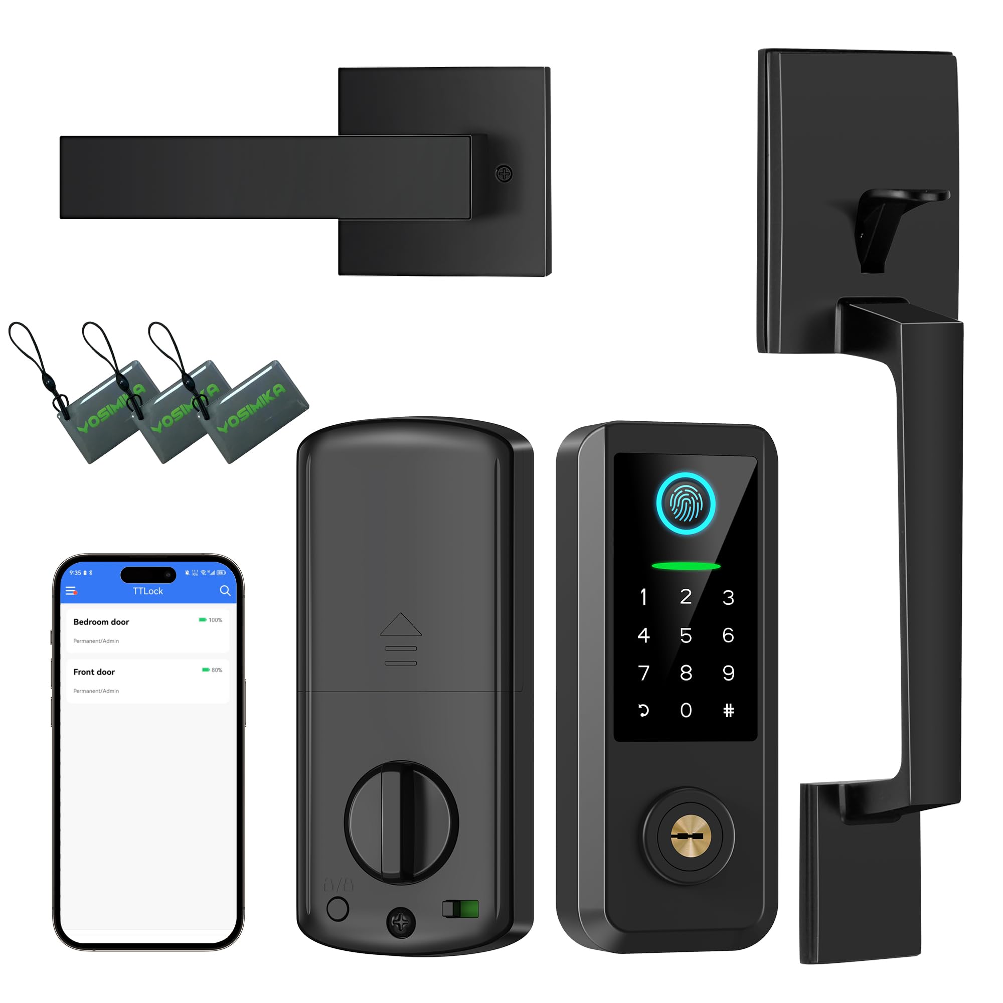 Smart Fingerprint Door Lock with Keypad & Bluetooth - 5-in-1 Keyless Entry Deadbolt with Auto Lock & Handle Set (Black) - Perfect for Home Security & Smart Access Control