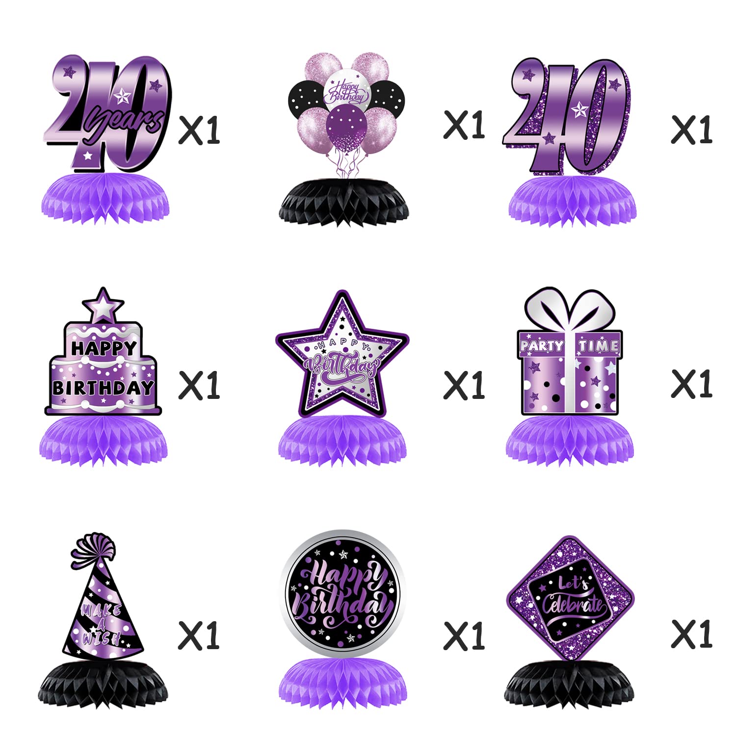 40th Birthday Party Decorations for Women - 9-Piece Purple Table Centerpieces, Cheers to 40 Years Celebration Supplies | Perfect for Milestone Birthday Parties, Anniversary Events & Purple-Themed Gatherings