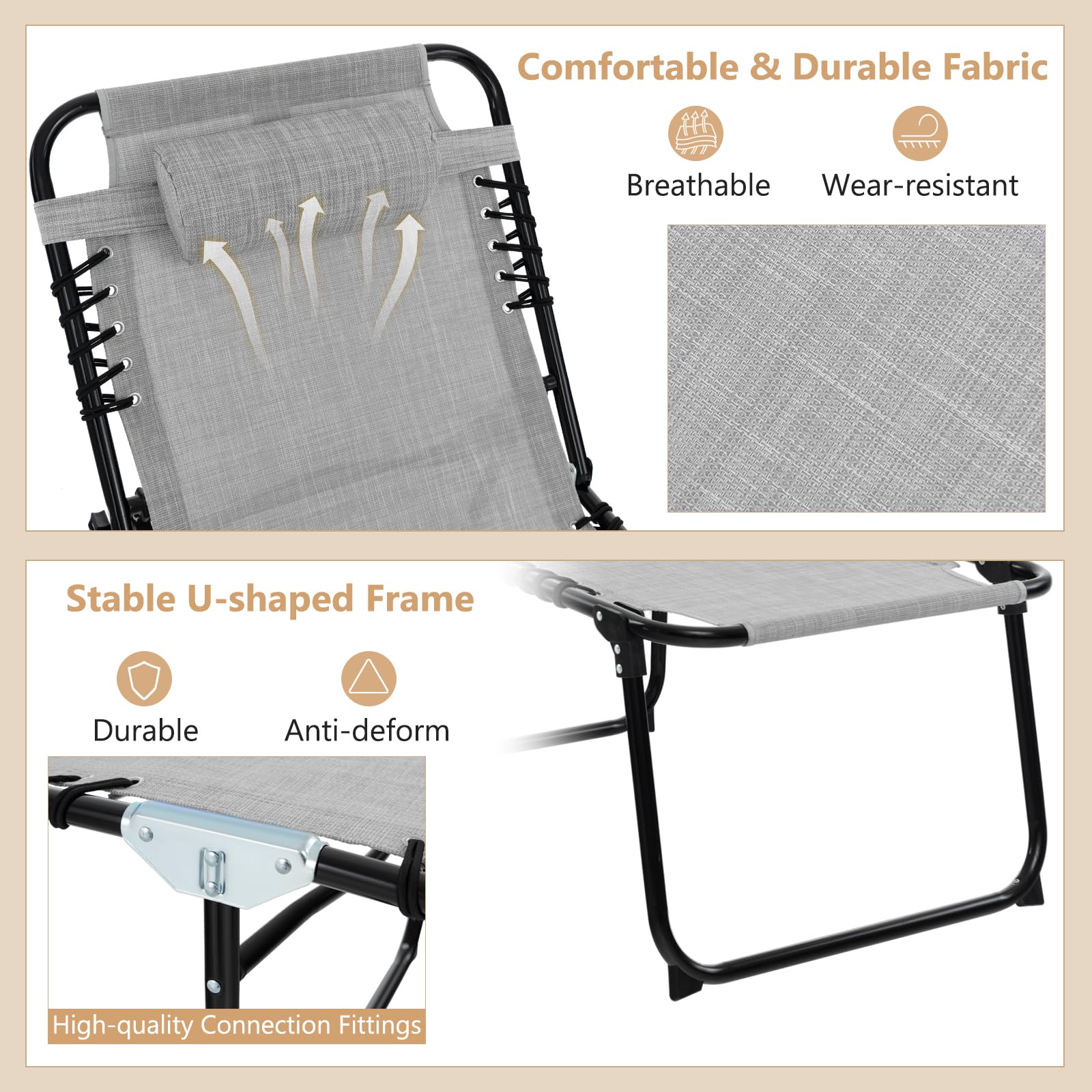 Giantex 2-Pack Folding Patio Lounge Chairs with Headrest - Adjustable Tanning Chairs for Outdoor, 4 Position Settings & Side Pocket - Perfect for Poolside, Beach Sunbathing, Backyard Relaxation & Camping - Grey