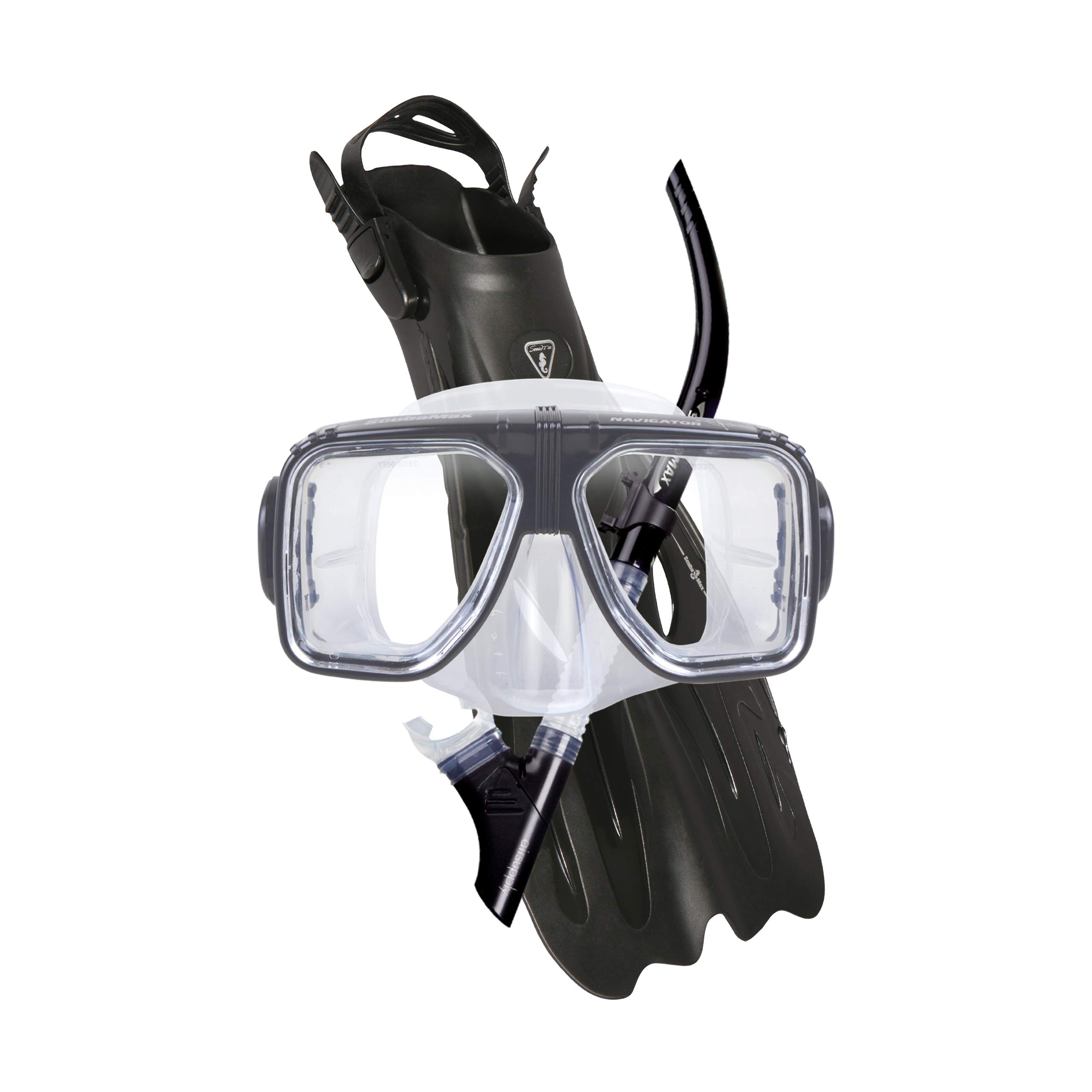 ScubaMax Full Face Snorkel Mask Set with Dry Top Snorkel & Adjustable Swim Fins - Comfortable Anti-Fog Dive Gear for Ocean Swimming, Snorkeling & Beach Vacations
