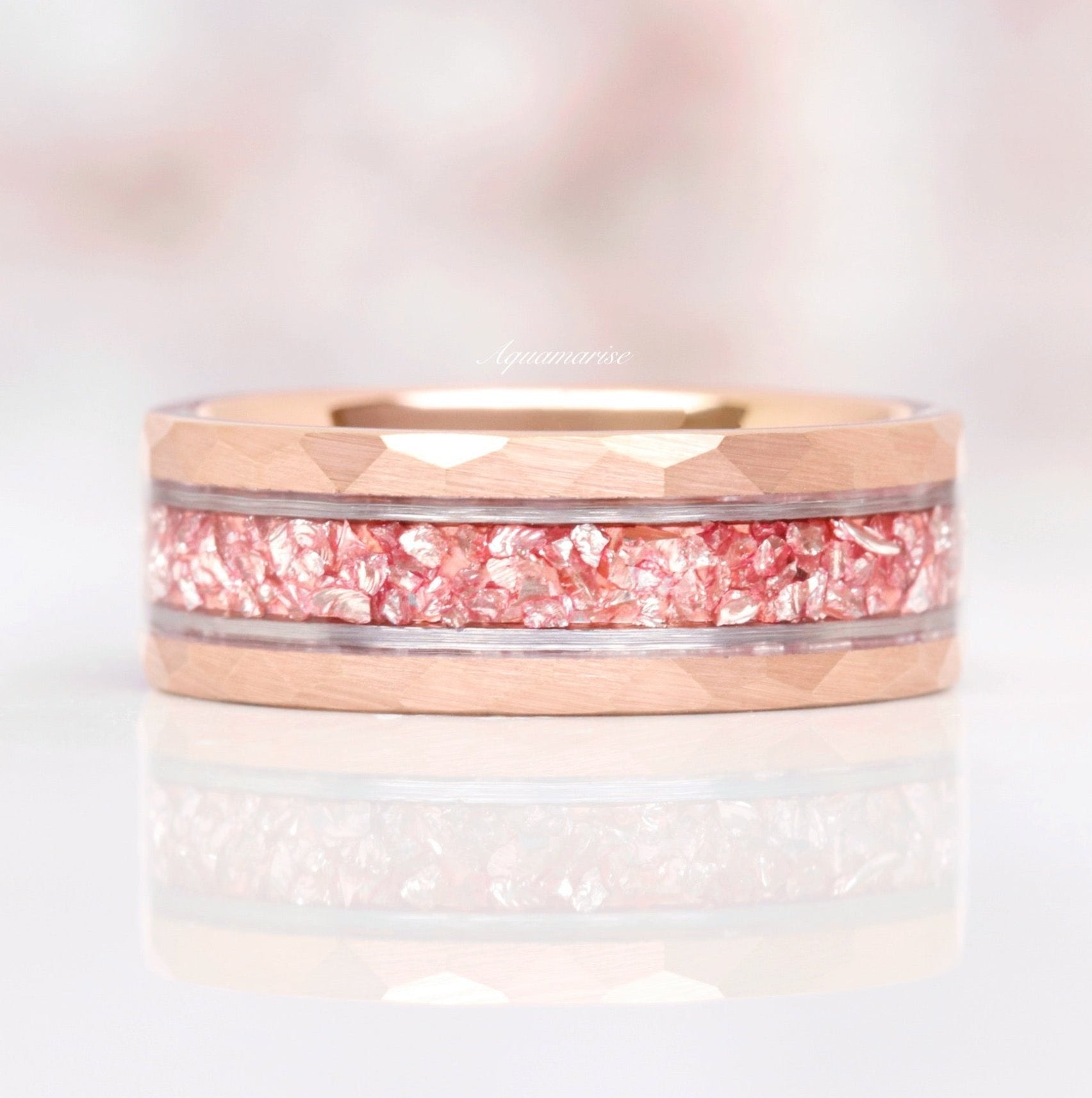 8MM Rose Gold Tungsten Crushed Morganite Wedding Band for Women - Elegant Stackable Ring for Bridal, Anniversary, or Everyday Wear