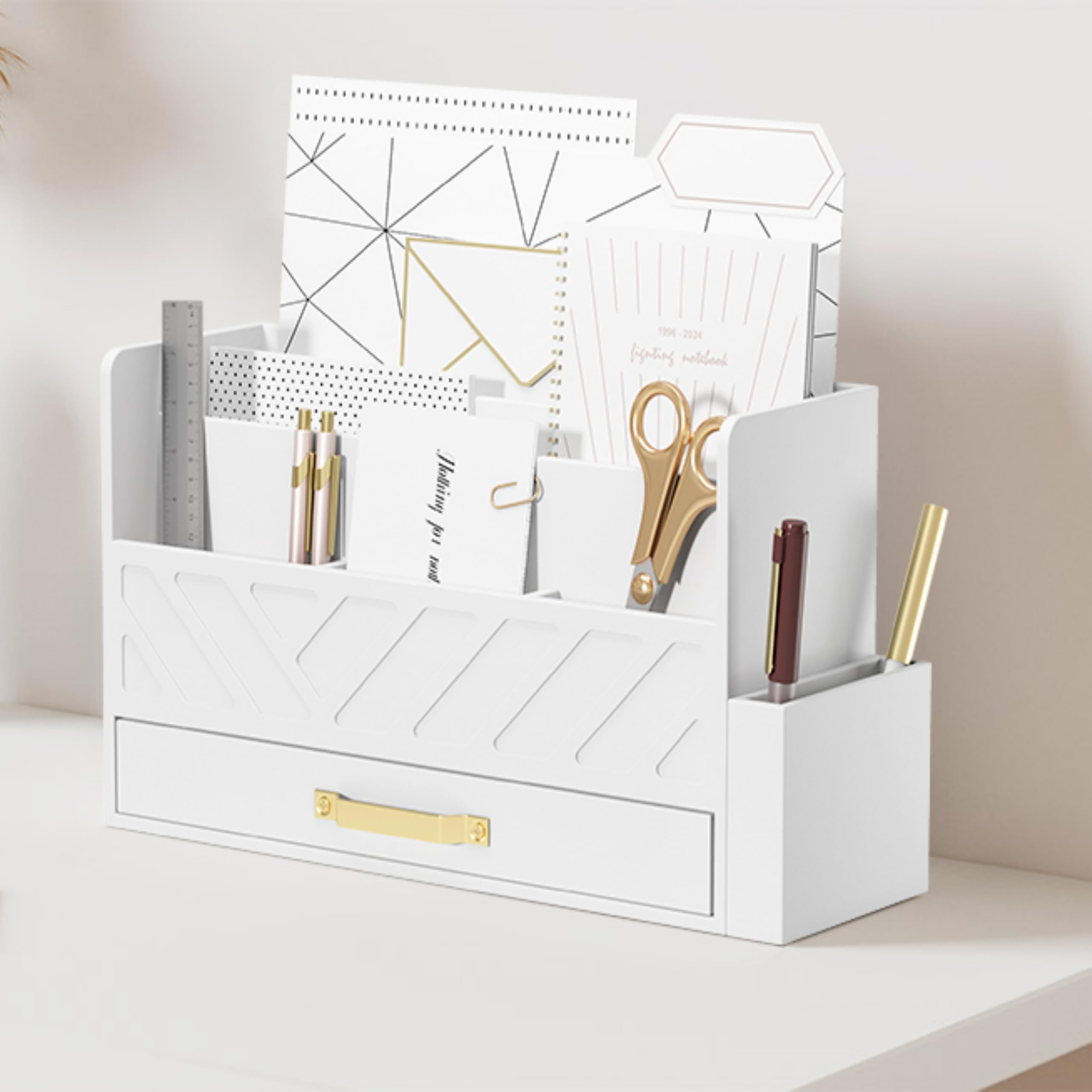 Bamboo Desk Organizer - Wooden Mail & Letter Sorter, Pen Holder, Makeup Organizer with Drawer for Countertop Storage - Perfect for School, Home & Office Supplies (White) - Ideal for Workspace, Study Desk & Office Organization