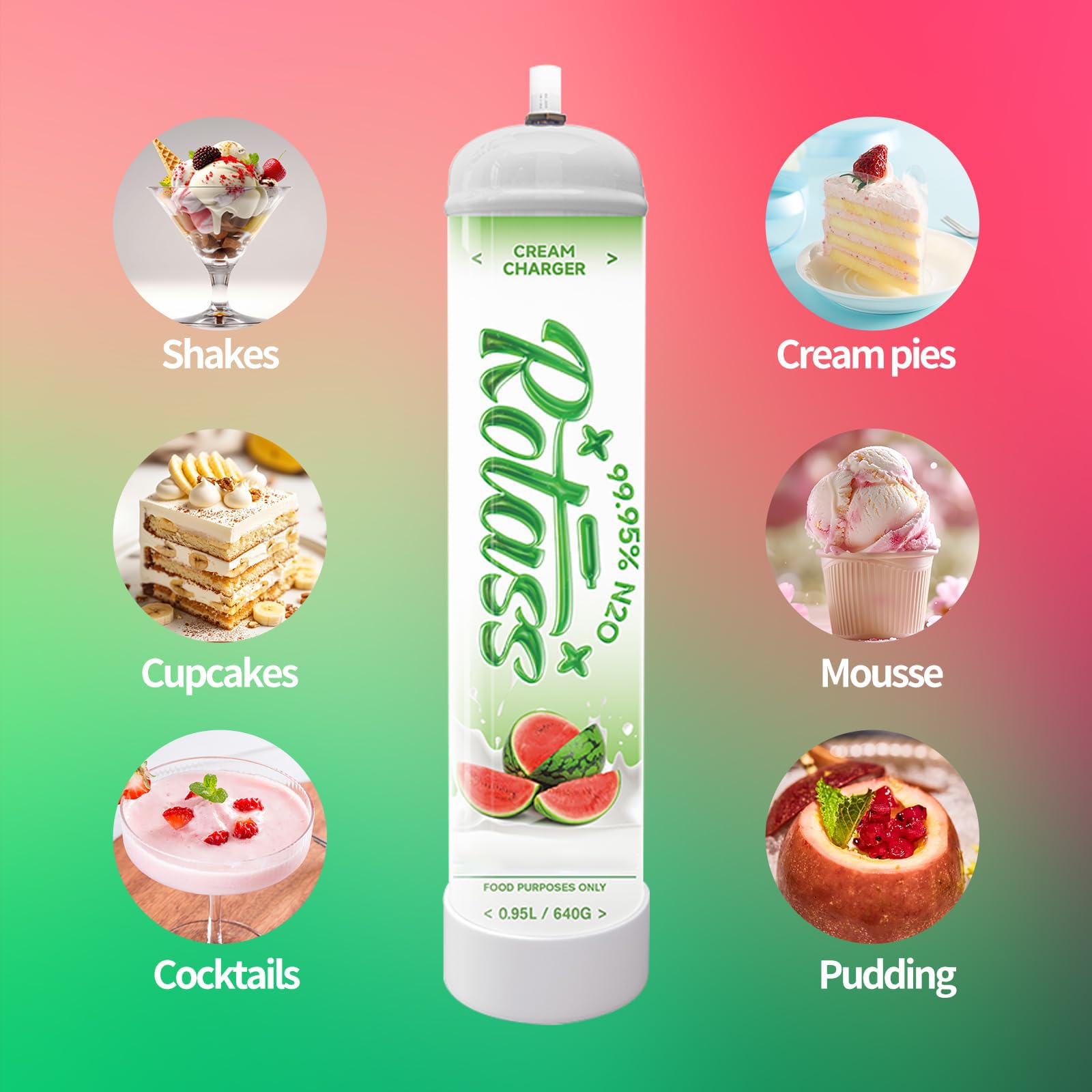 Premium Whipped Cream Charger - Watermelon Flavor 0.95L Whipped Cream Dispenser with 6 Professional 640g Cream Cylinders | Perfect for Desserts, Coffee Toppings & Party Catering