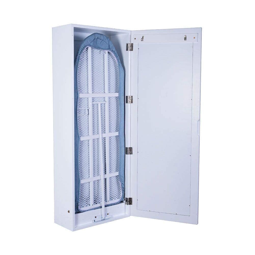 Wall Mounted Ironing Board Cabinet - Foldable Ironing Board with Storage & Mirror Door, Space Saving Laundry Room Organizer for Small Homes & Apartments (White)