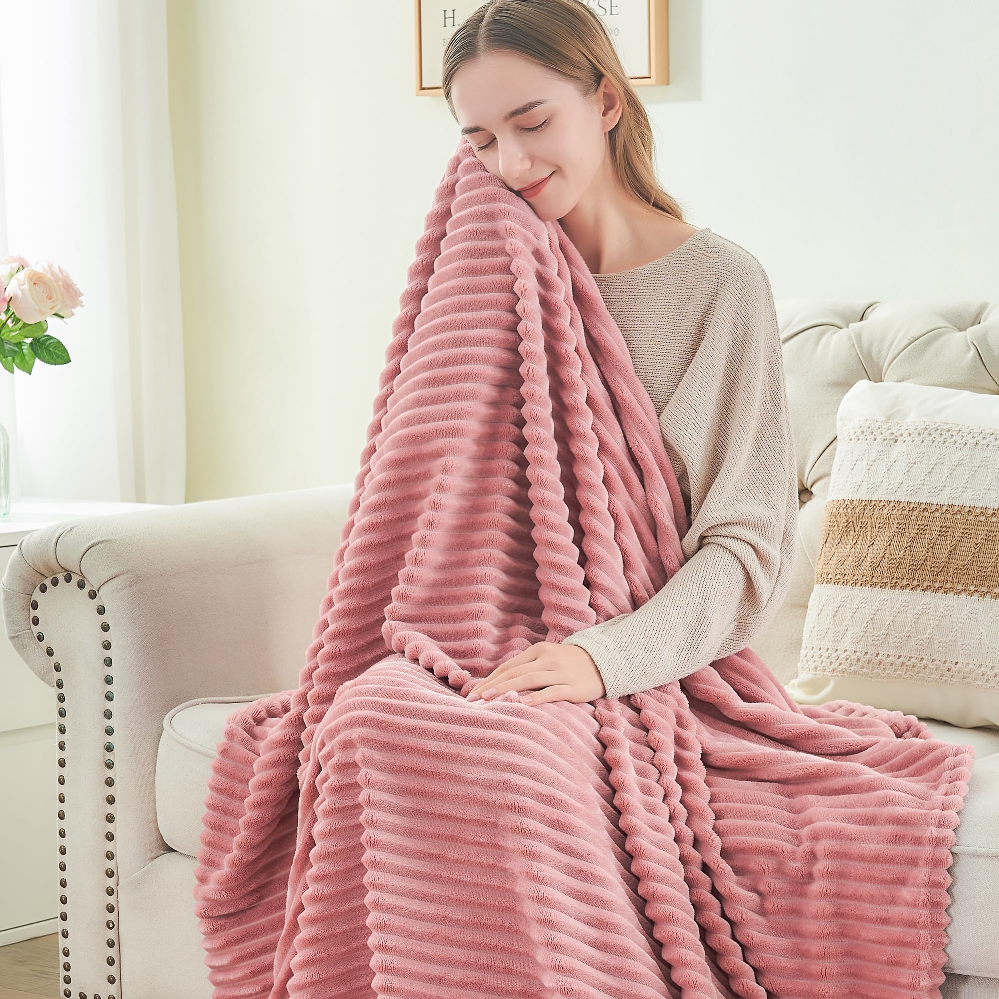 BEDELITE 3D Ribbed Jacquard Fleece Blanket Queen Size 90x90 Inches - Ultra Soft, Warm & Plush Fuzzy Blanket for Couch, Bed, Sofa - Lightweight Decorative Throw Blanket (Pink) - Perfect for Winter Nights, Movie Time & Home Decor