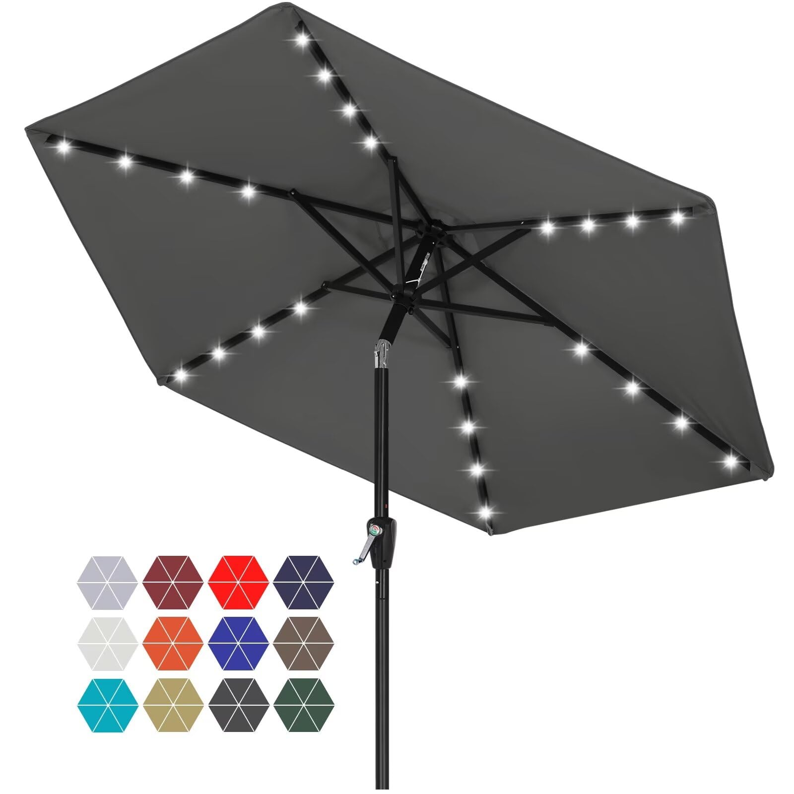 Durable 7.5FT Solar LED Patio Umbrella with 24 Lights - Dark Gray | Weather-Resistant Outdoor Shade for Poolside, Garden & Backyard Relaxation