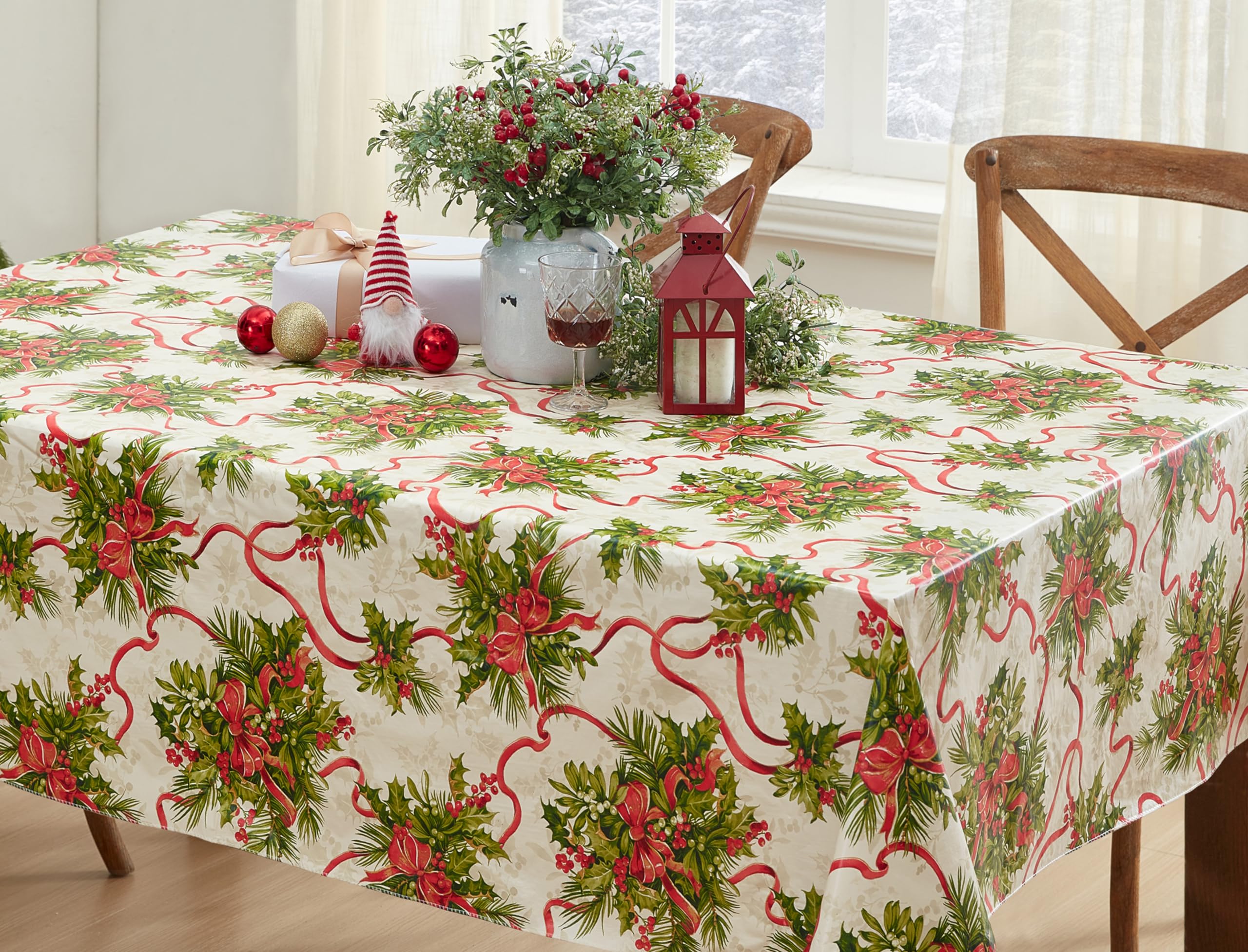 Newbridge Christmas Holly Traditions Vinyl Tablecloth with Flannel Backing - Red Holly Berry & Ribbons Holiday Table Cover - 52